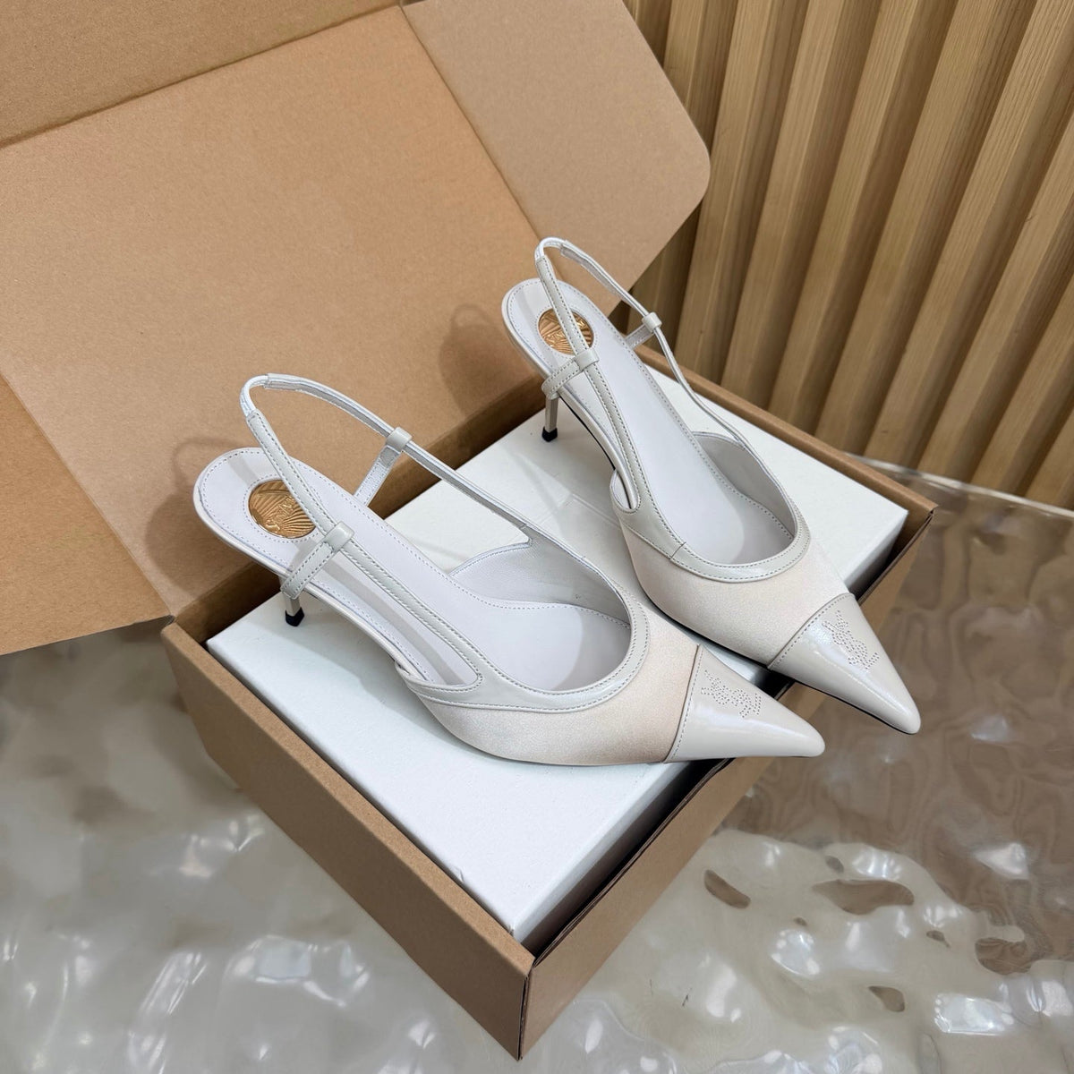 YSL 26s Pointed Toe Slingbacks 7.5cm White Satin Patent 115302