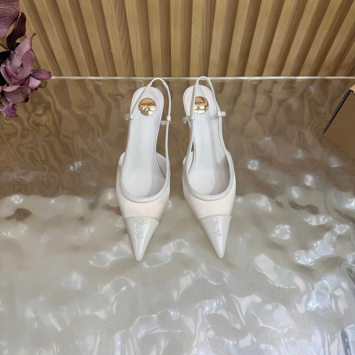 YSL 26s Pointed Toe Slingbacks 7.5cm White Satin Patent 115302