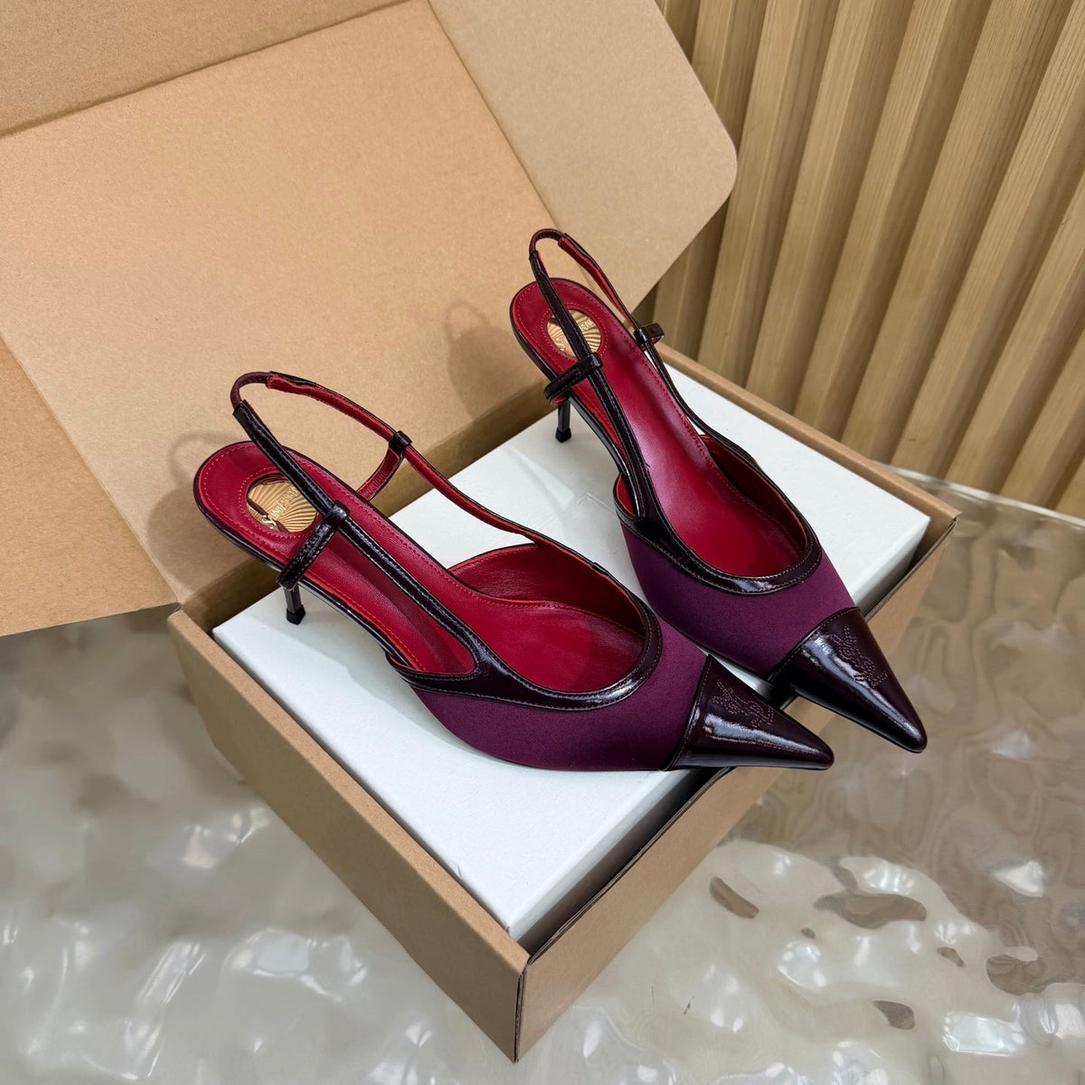 YSL 26s Pointed Toe Slingbacks 7.5cm Burgundy Satin Patent 115303