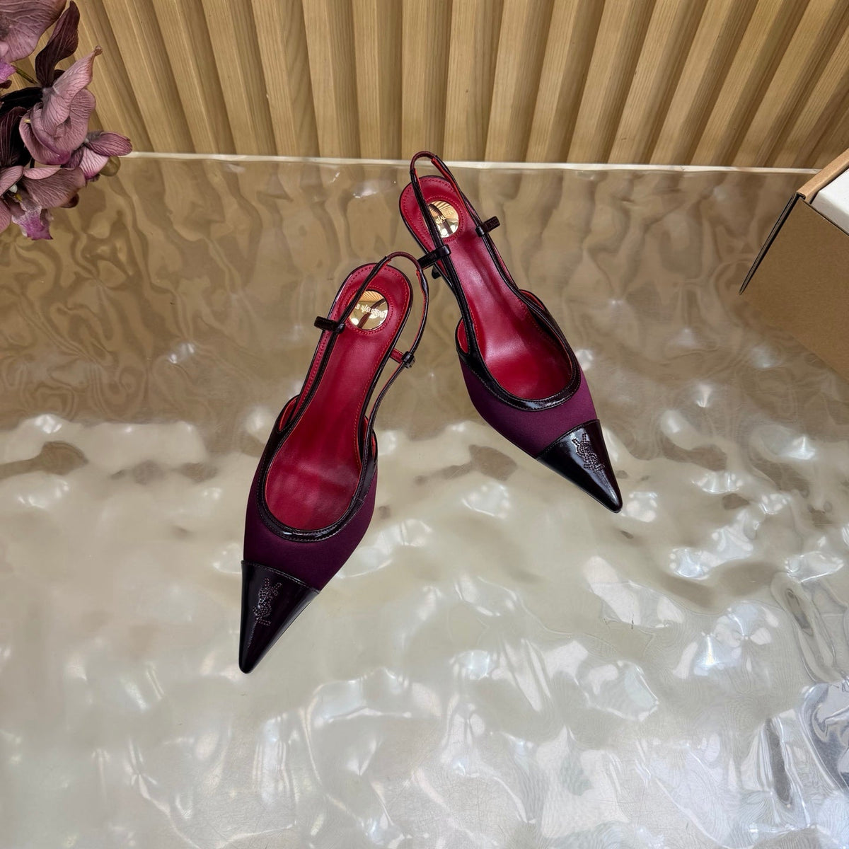 YSL 26s Pointed Toe Slingbacks 7.5cm Burgundy Satin Patent 115303