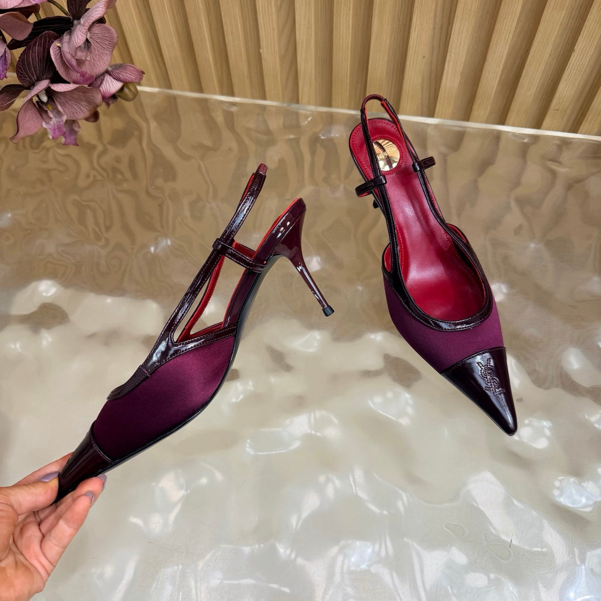YSL 26s Pointed Toe Slingbacks 7.5cm Burgundy Satin Patent 115303