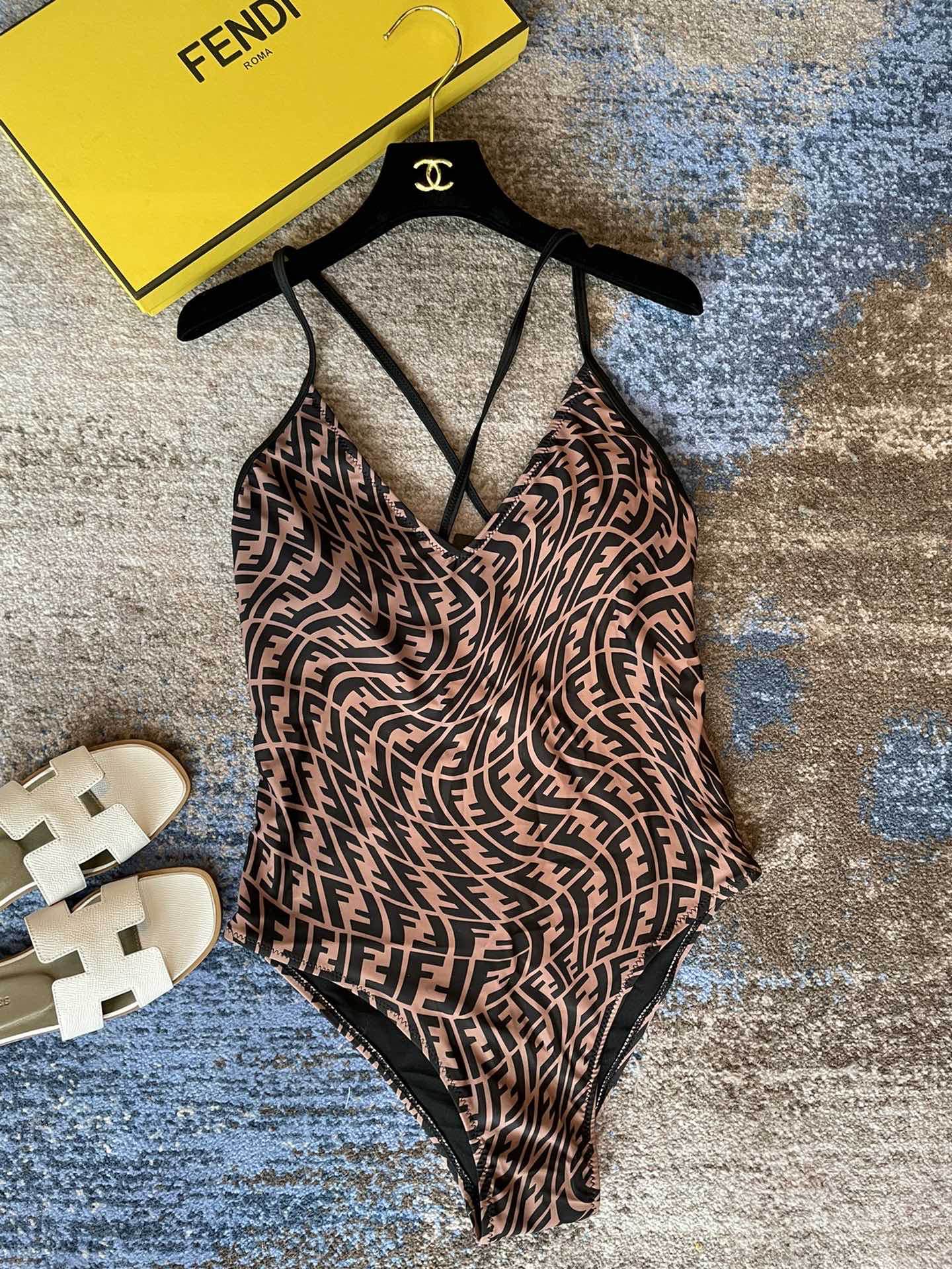Fendi Swimsuits Black Beige Cotton 180525