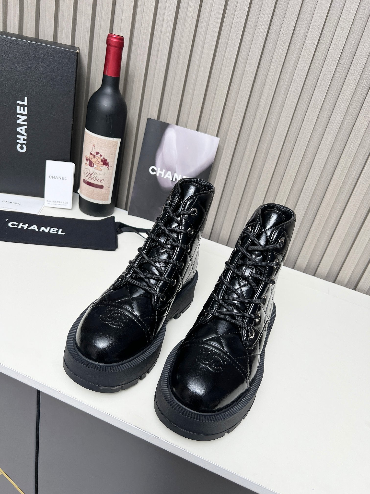 CC Combat Boots In Glossy Black Quilted Lambskin 944580