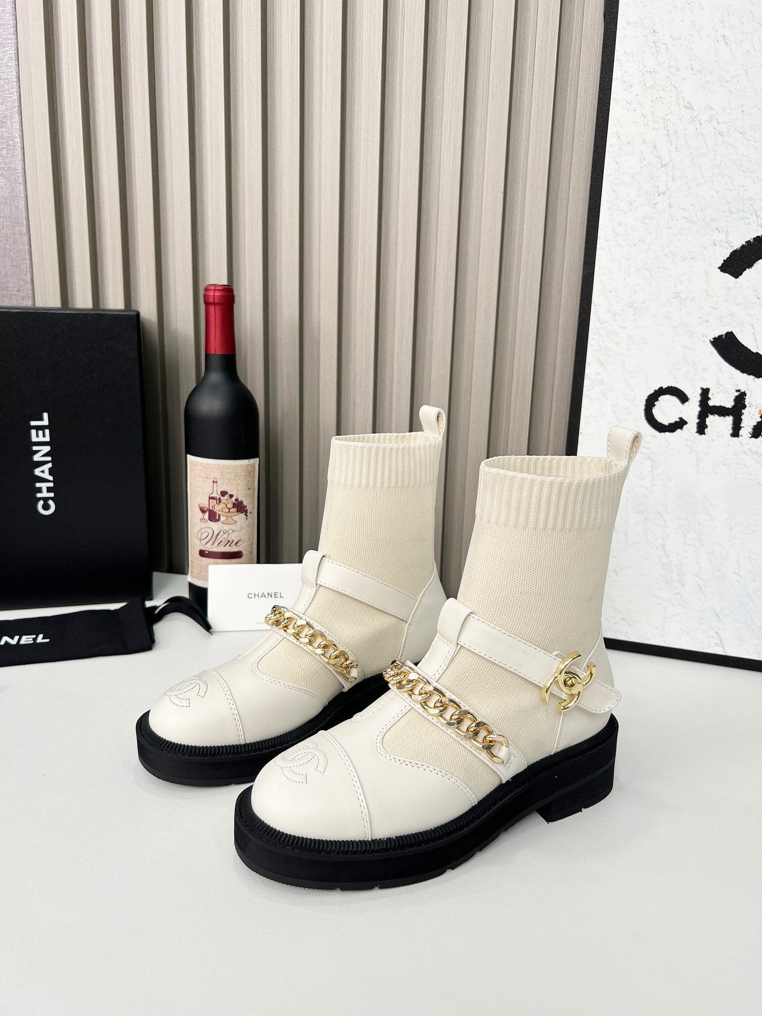 CC Paris Runway Ankle Boots White Calfskin Wool 597918