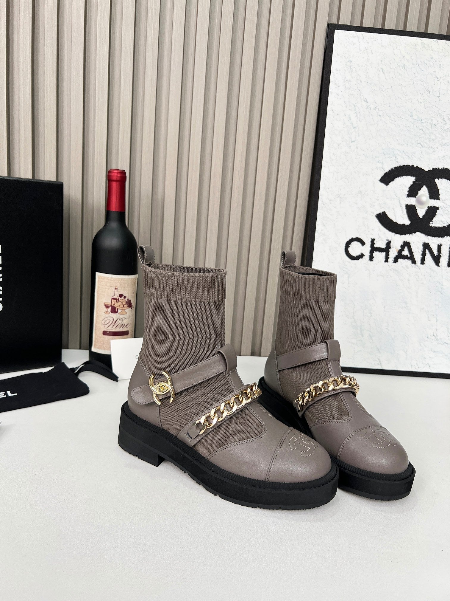 CC Paris Runway Ankle Boots Taupe Calfskin Wool 597919