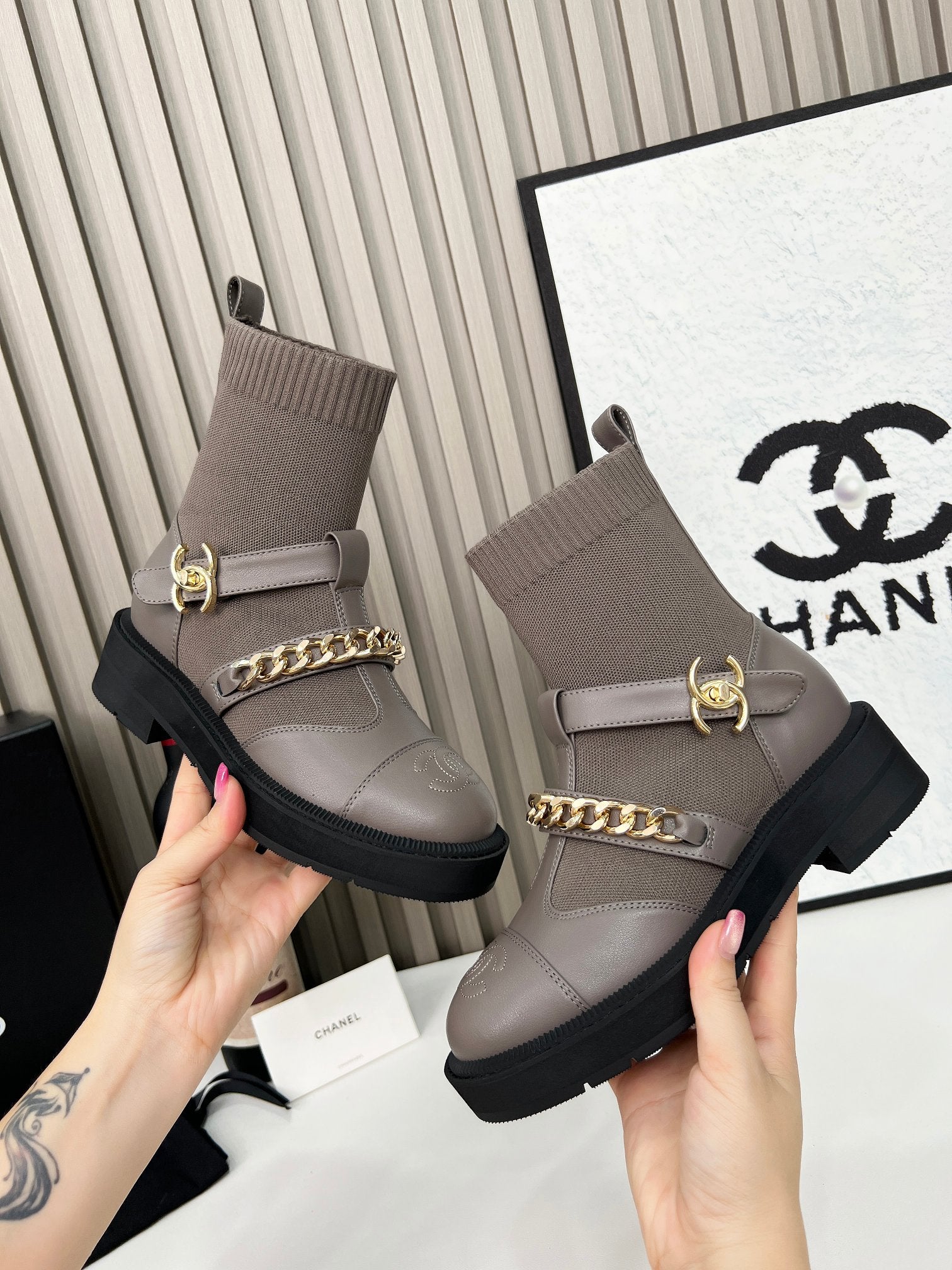 CC Paris Runway Ankle Boots Taupe Calfskin Wool 597919