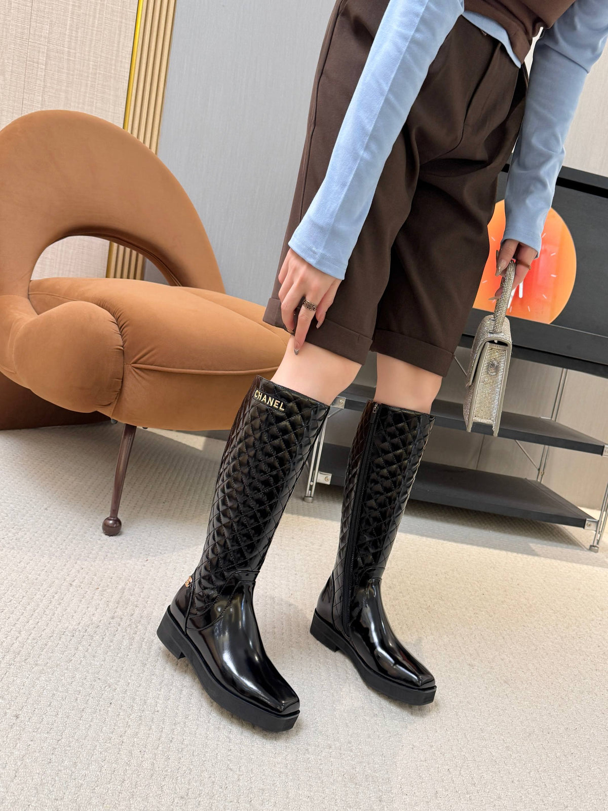 Chanel 26s Quilted High Boots 4cm Black Patent Leather 168209
