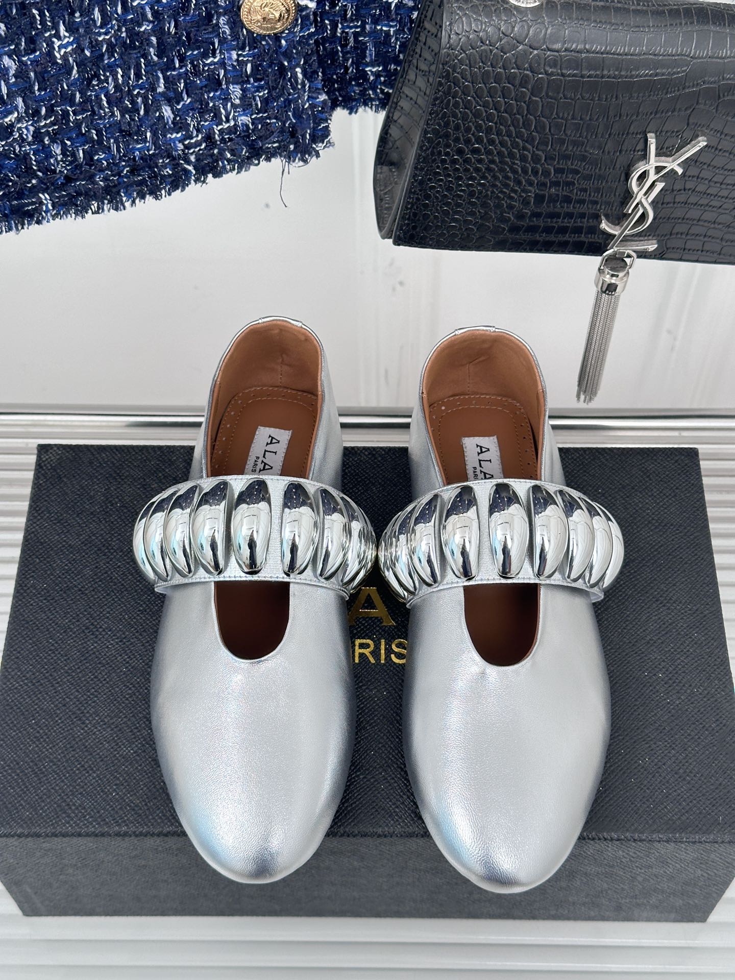 Alaia 25 Mary Jane Jewel Ballet Flats Silver Calfskin 293243