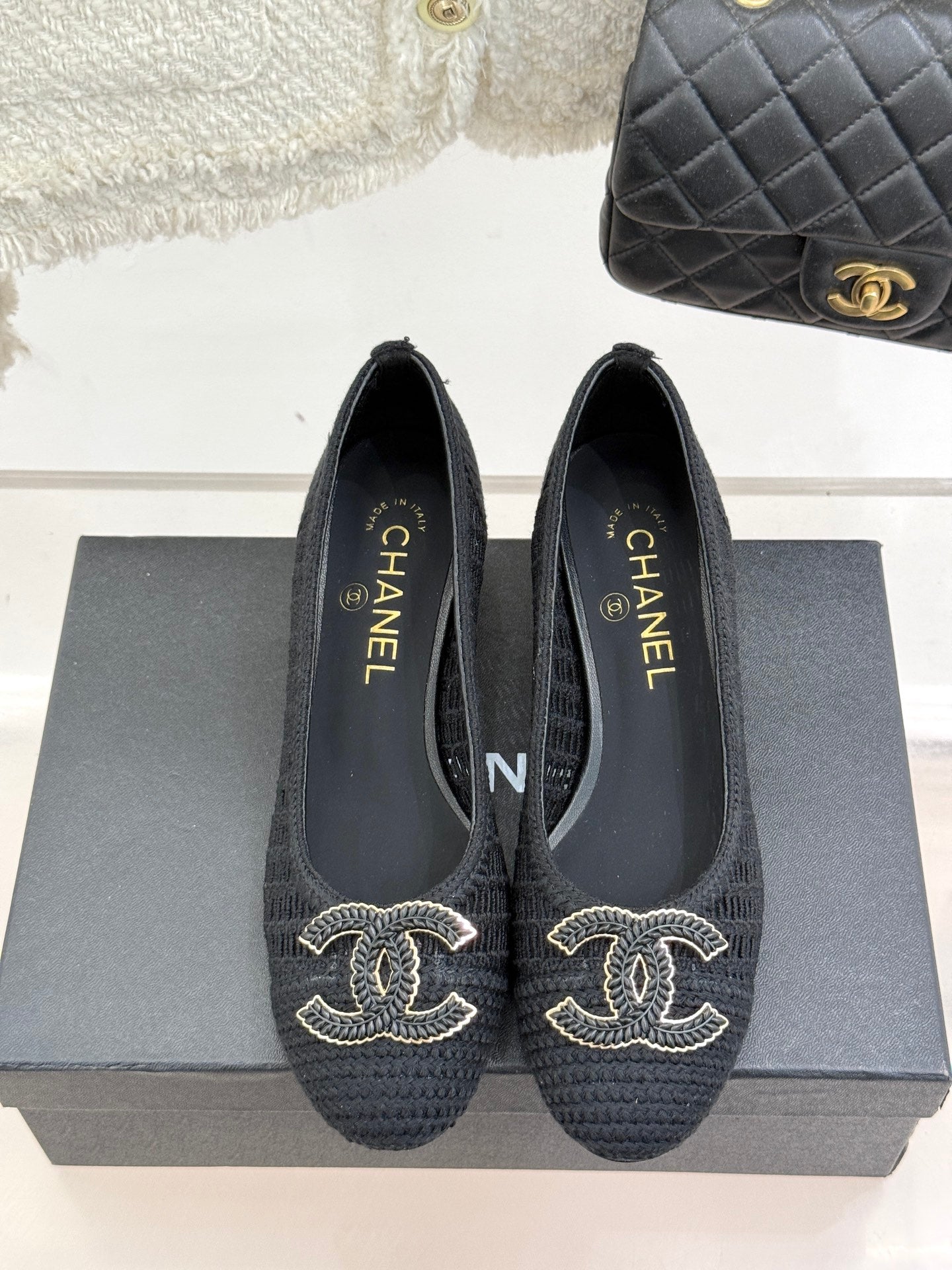 CC 25P Hollow Double C Ballet Flats 50mm Black Raffia 265639