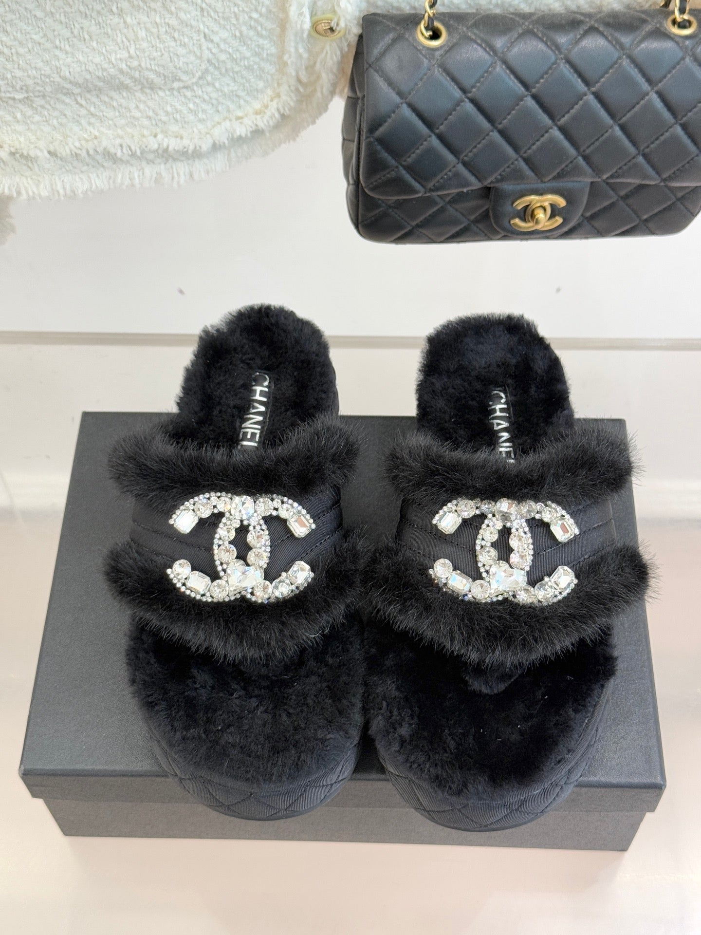 CC slipper double C rhinestone buckle black wool 512051