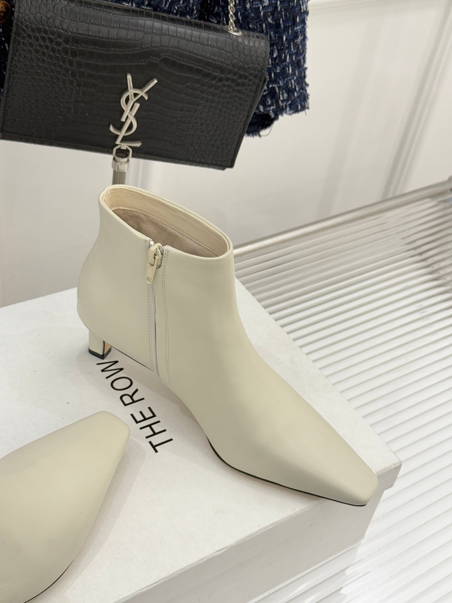 The Row 2025 Square Toe Kitten Heel Ankle Boot Cream Sheepskin 572053