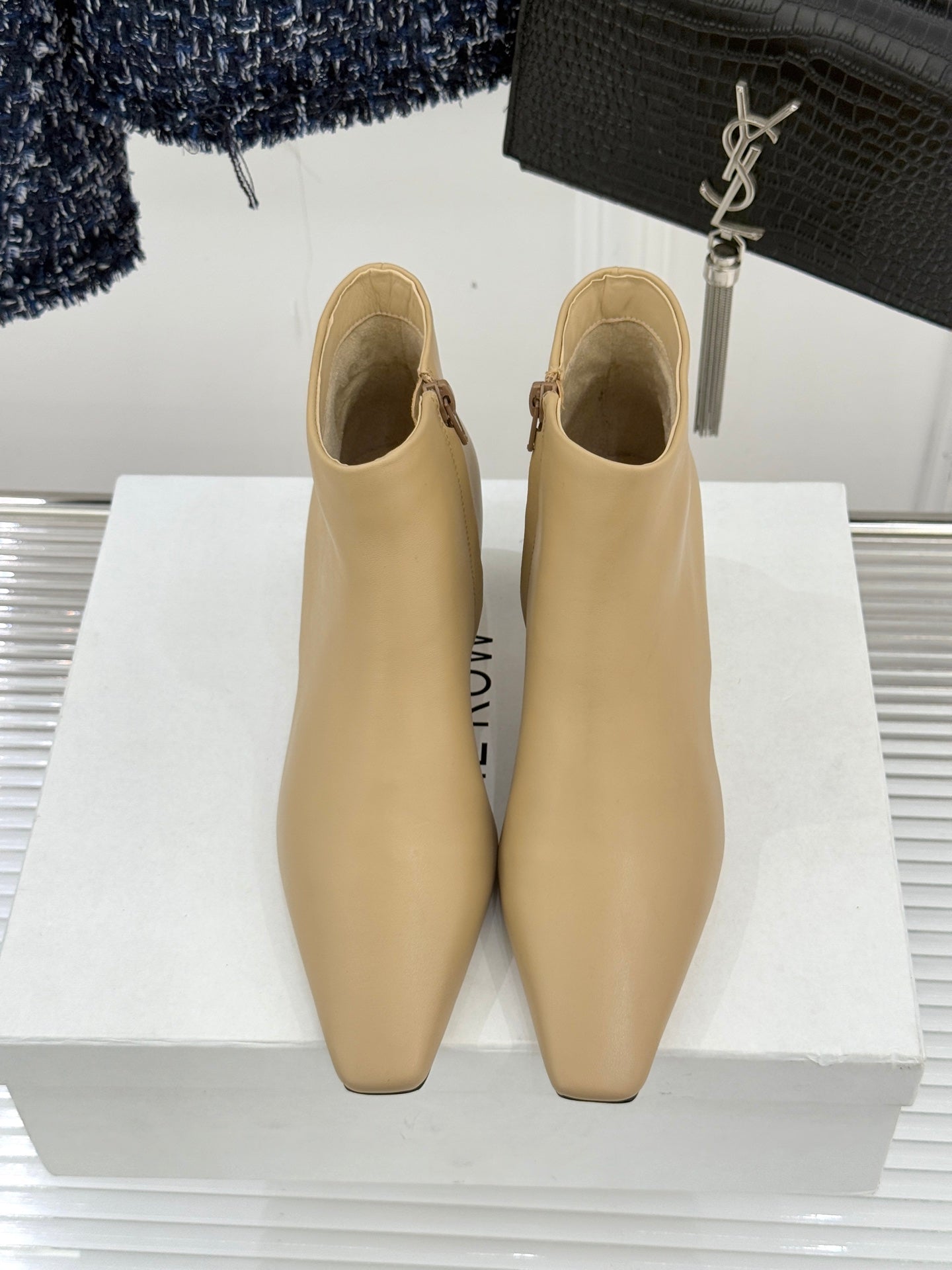 The Row 2025 Square Toe Kitten Heel Ankle Boot Beige Sheepskin 572047