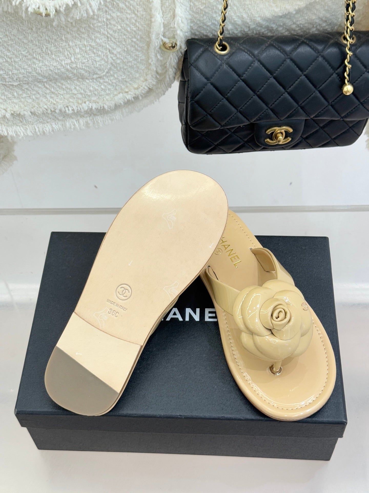 CC 26C Early Spring Camellia Slide Beige Patent Leather