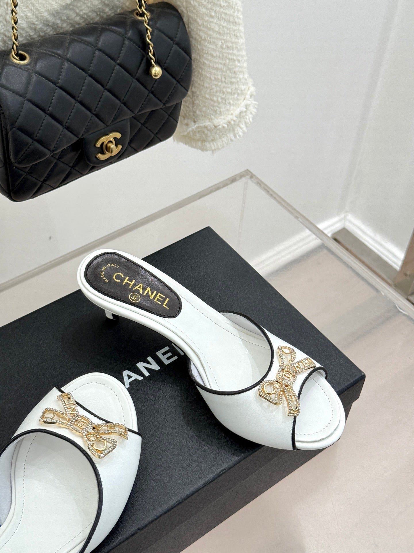 CC Classic Rhinestone Bow Kitty Slippers White Sheepskin 643089