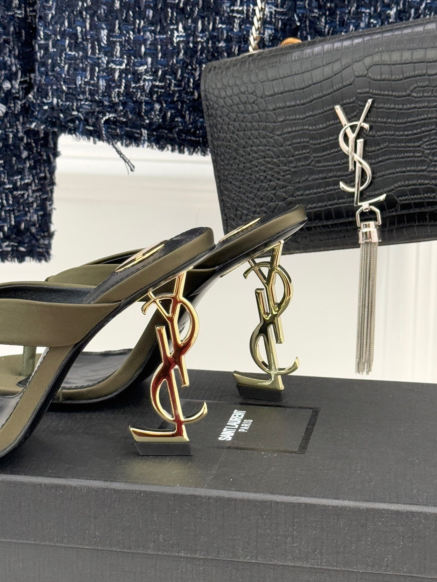 YSL Opyum Mule Sandals 8.5cm Olive Green Satin Leather 642928