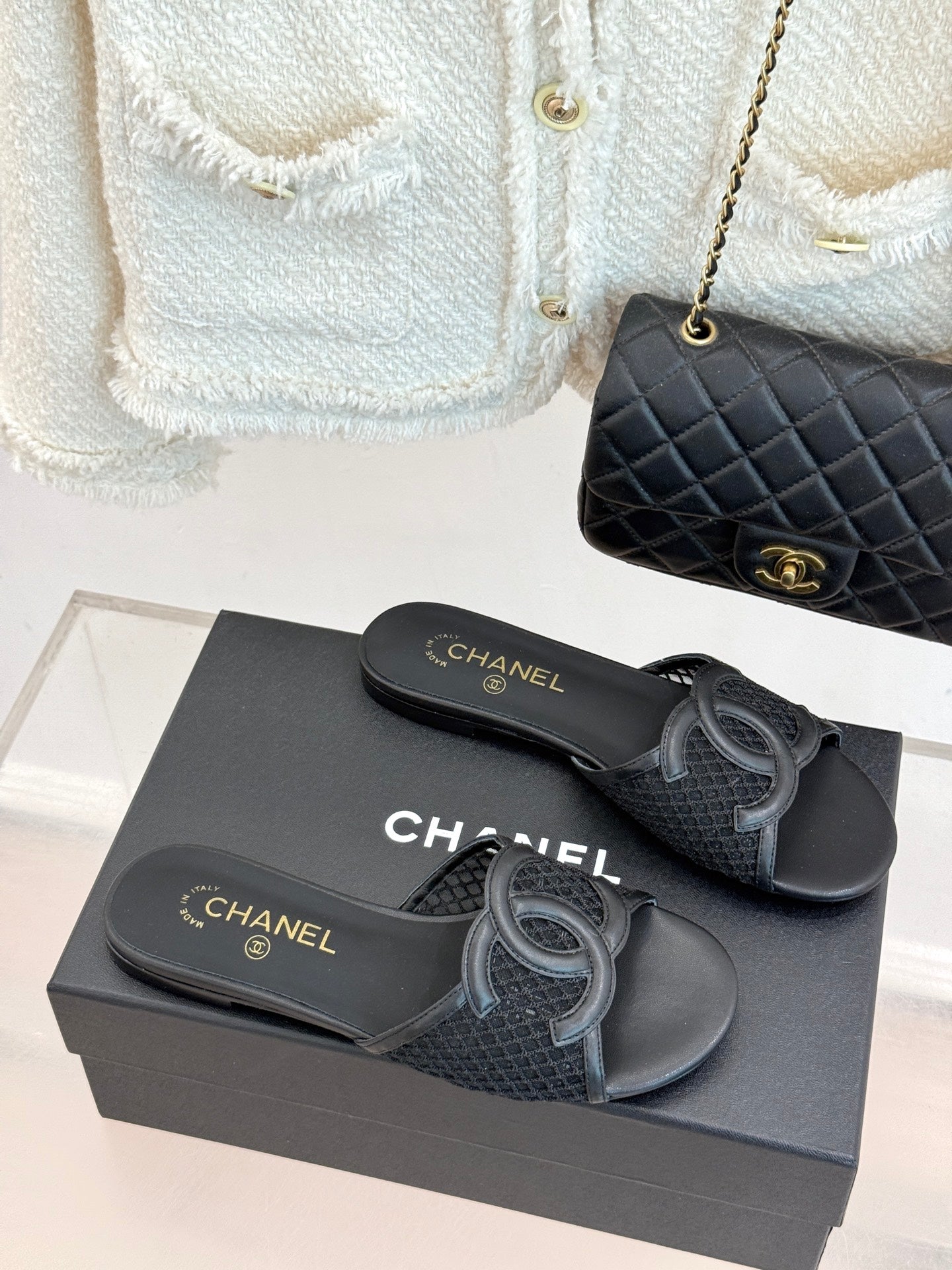 CC Openwork Slippers Black Mesh Lambskin 825757