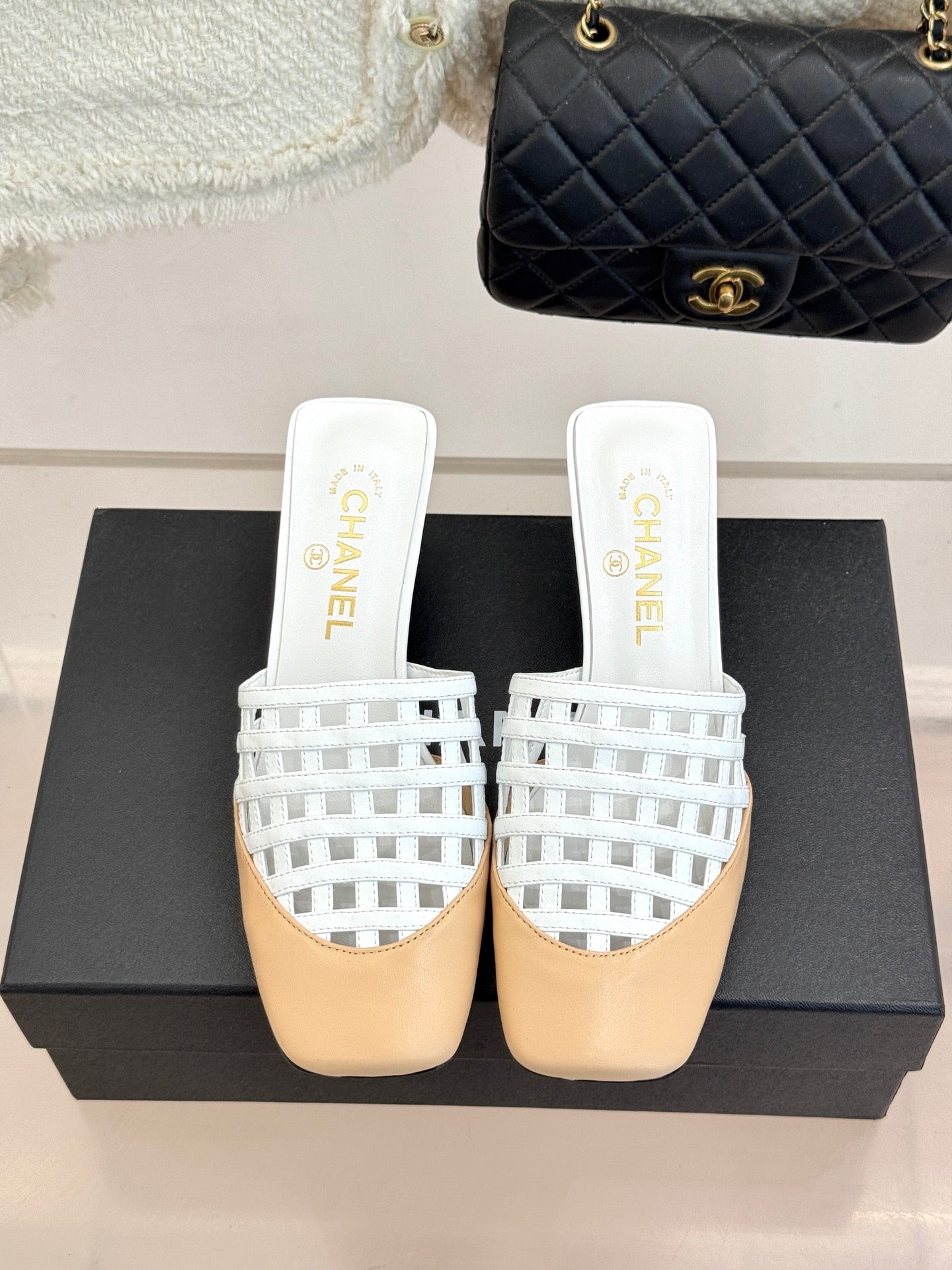 CC Woven Square-Toe Slippers Beige White Leather 825774