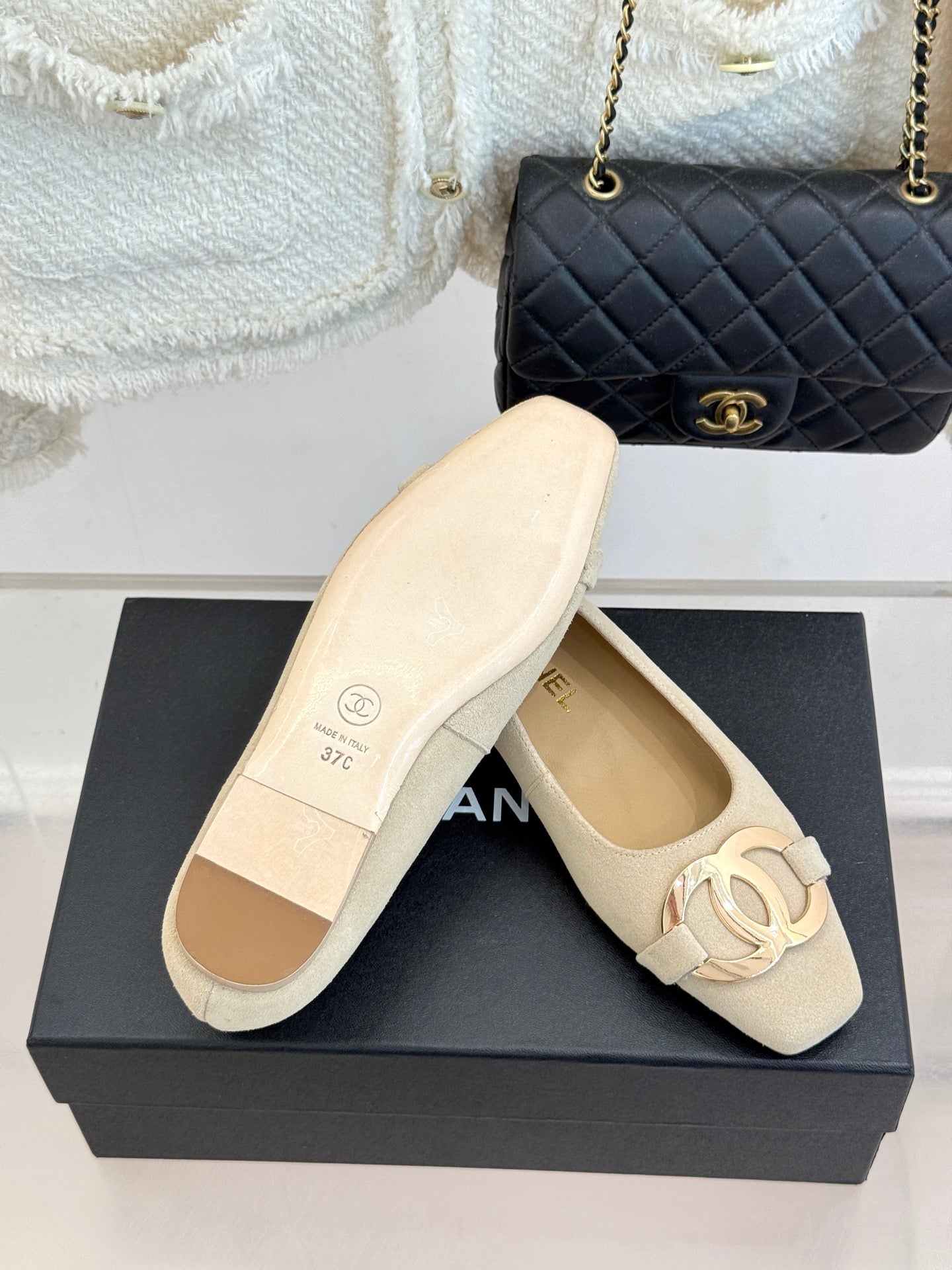 CC 26s Buckle Square Toe Ballet Flat Beige Suede 829732