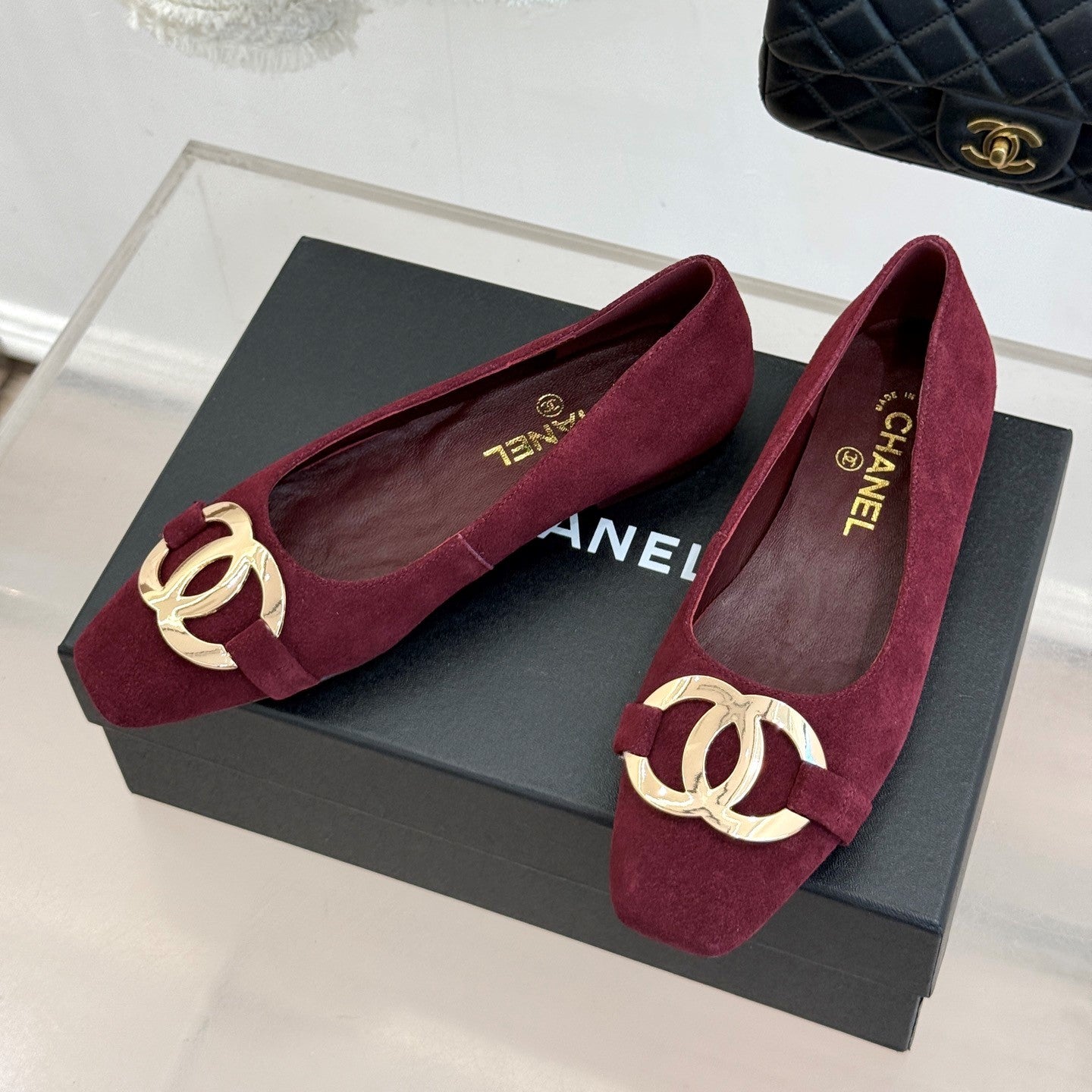 CC 26s Buckle Square Toe Ballet Flat Burgundy Suede 829733