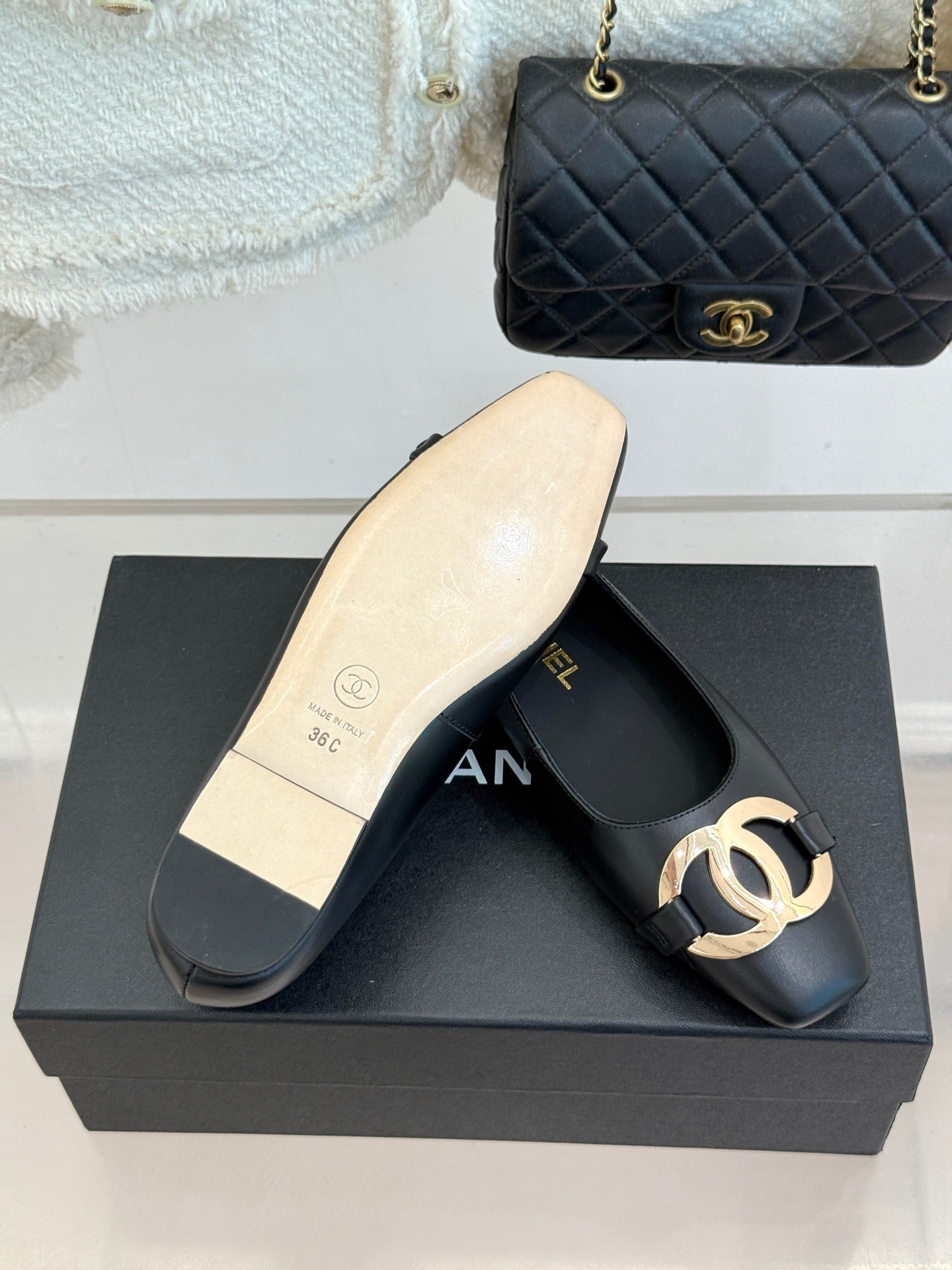 CC 26s Buckle Square Toe Ballet Flat Black Lambskin 829737