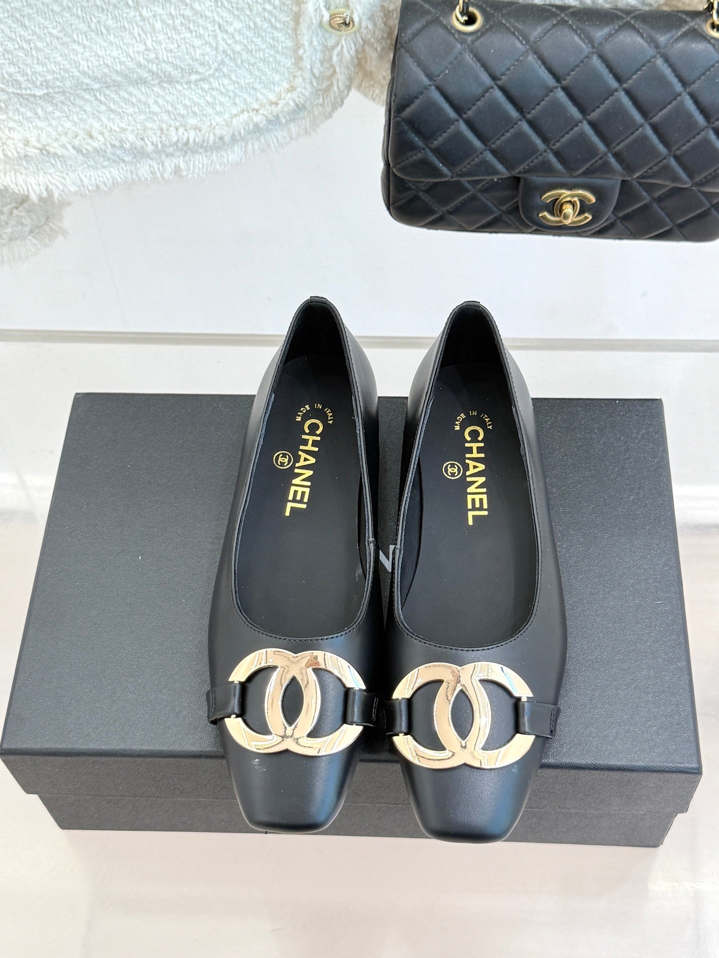 CC 26s Buckle Square Toe Ballet Flat Black Lambskin 829737