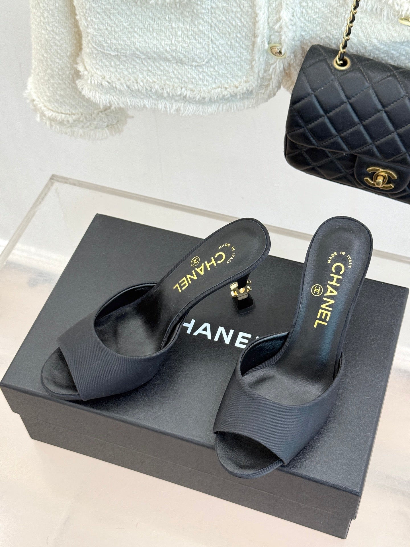 CC 26s Open-Toe Mule Sandals Black Satin 936839