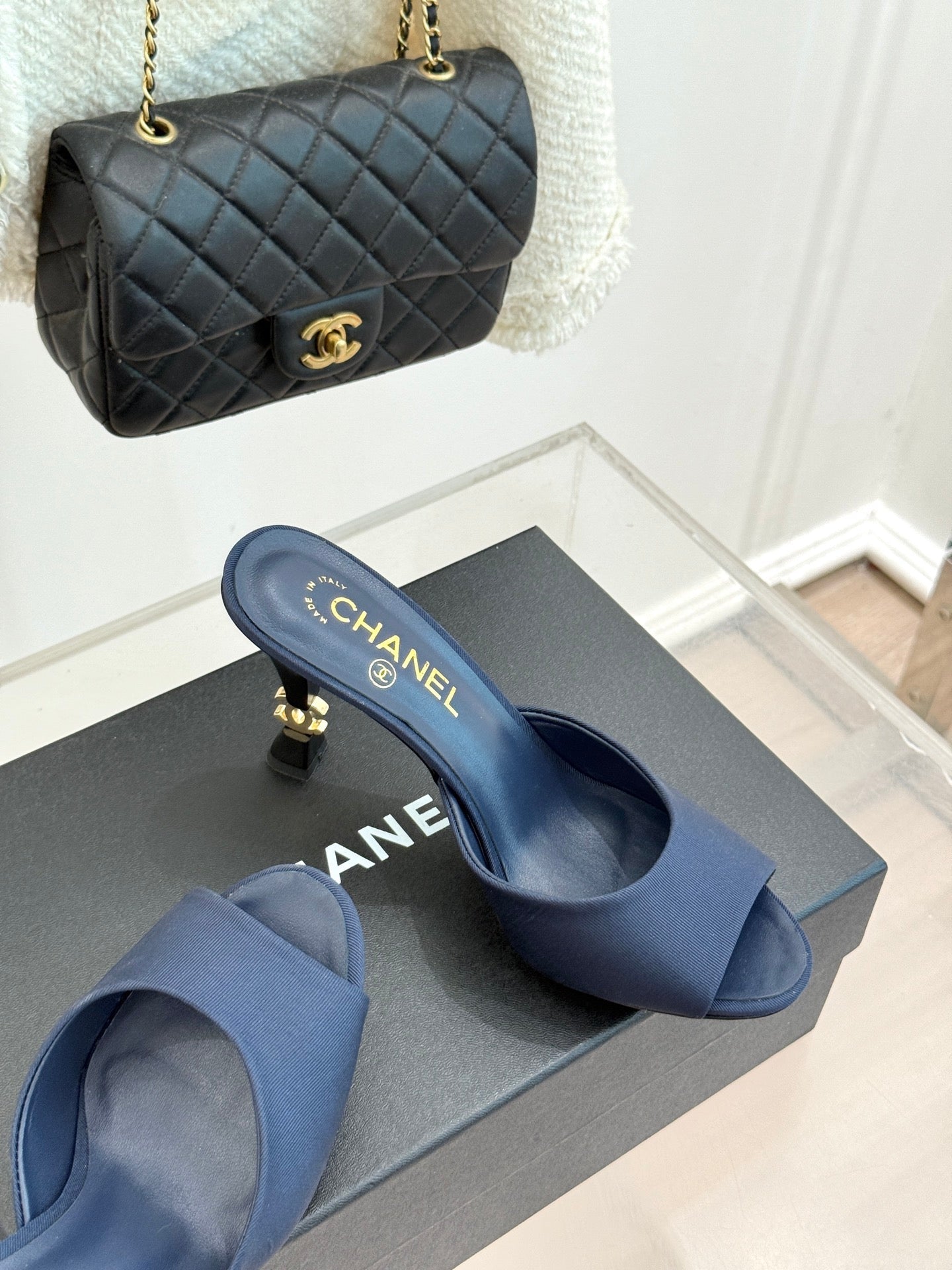 CC 26s Open-Toe Mule Sandals Dark Blue Satin 936841