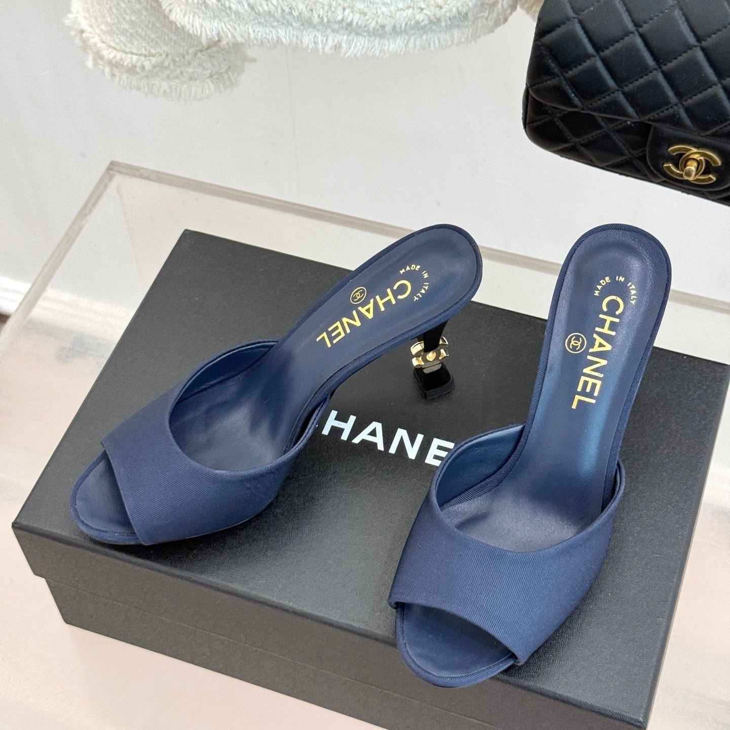CC 26s Open-Toe Mule Sandals Dark Blue Satin 936841