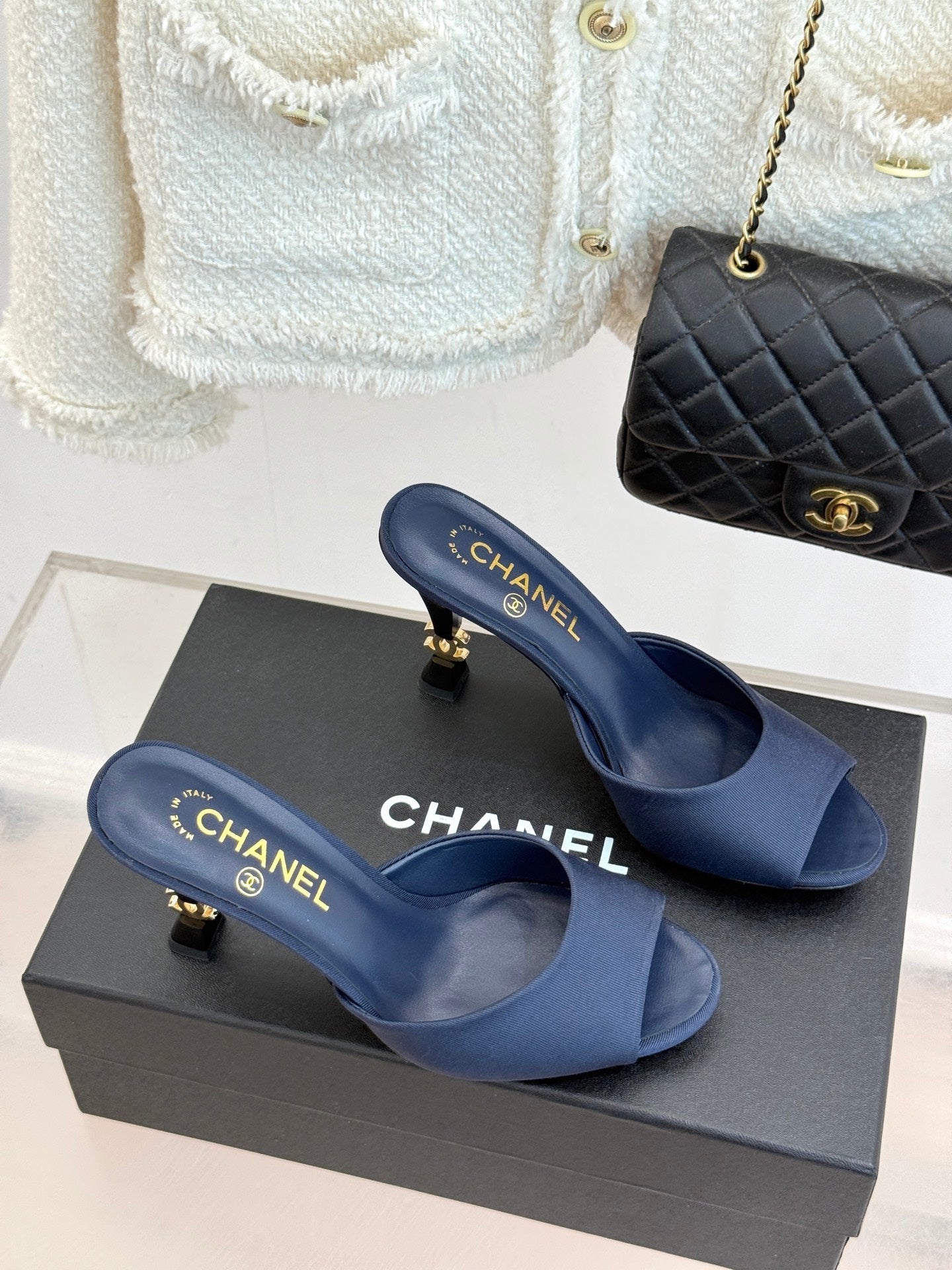 CC 26s Open-Toe Mule Sandals Dark Blue Satin 936841