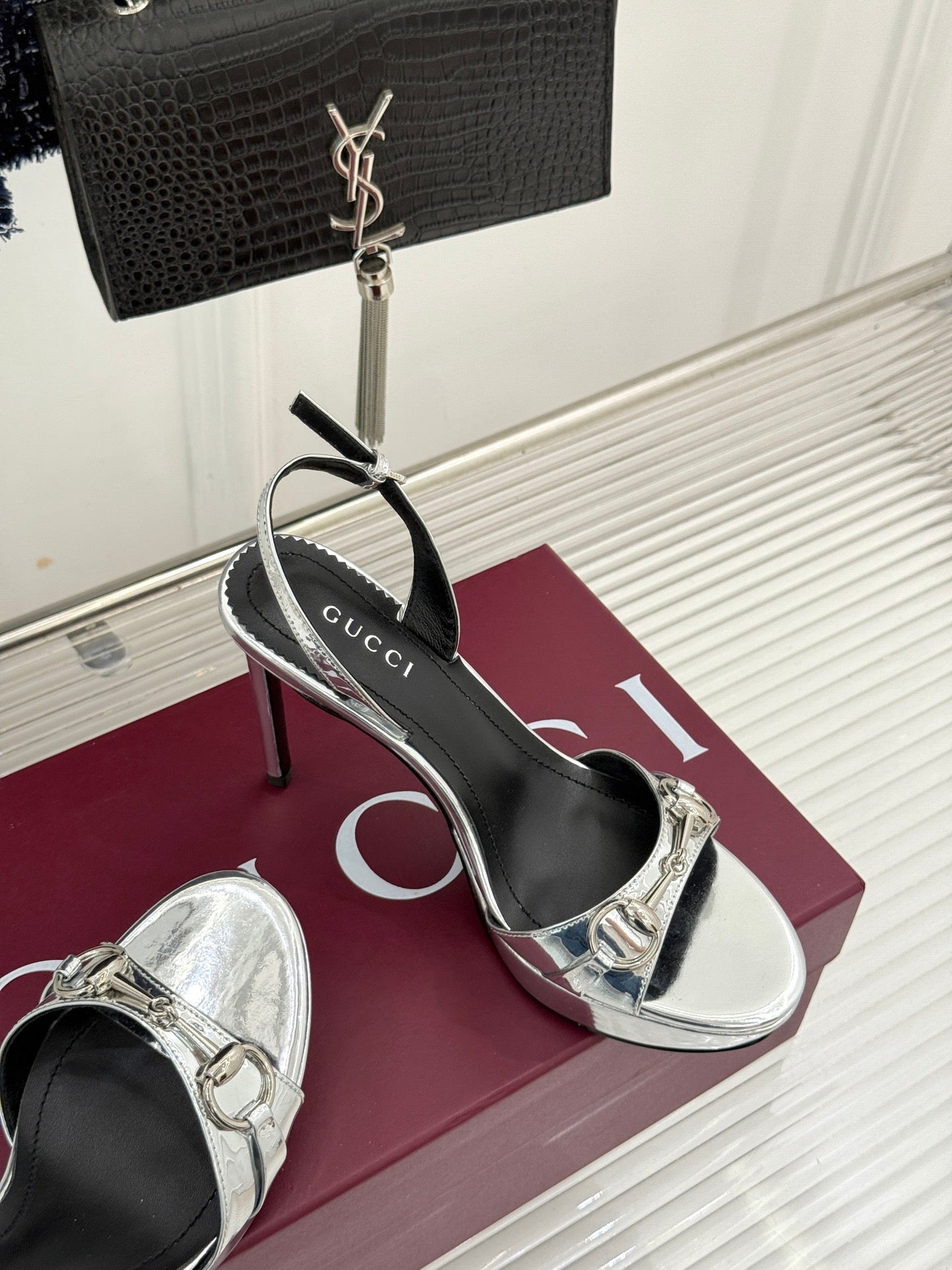 GG 26s Donna Platform Sandal 12cm Sliver Patent Leather 991728