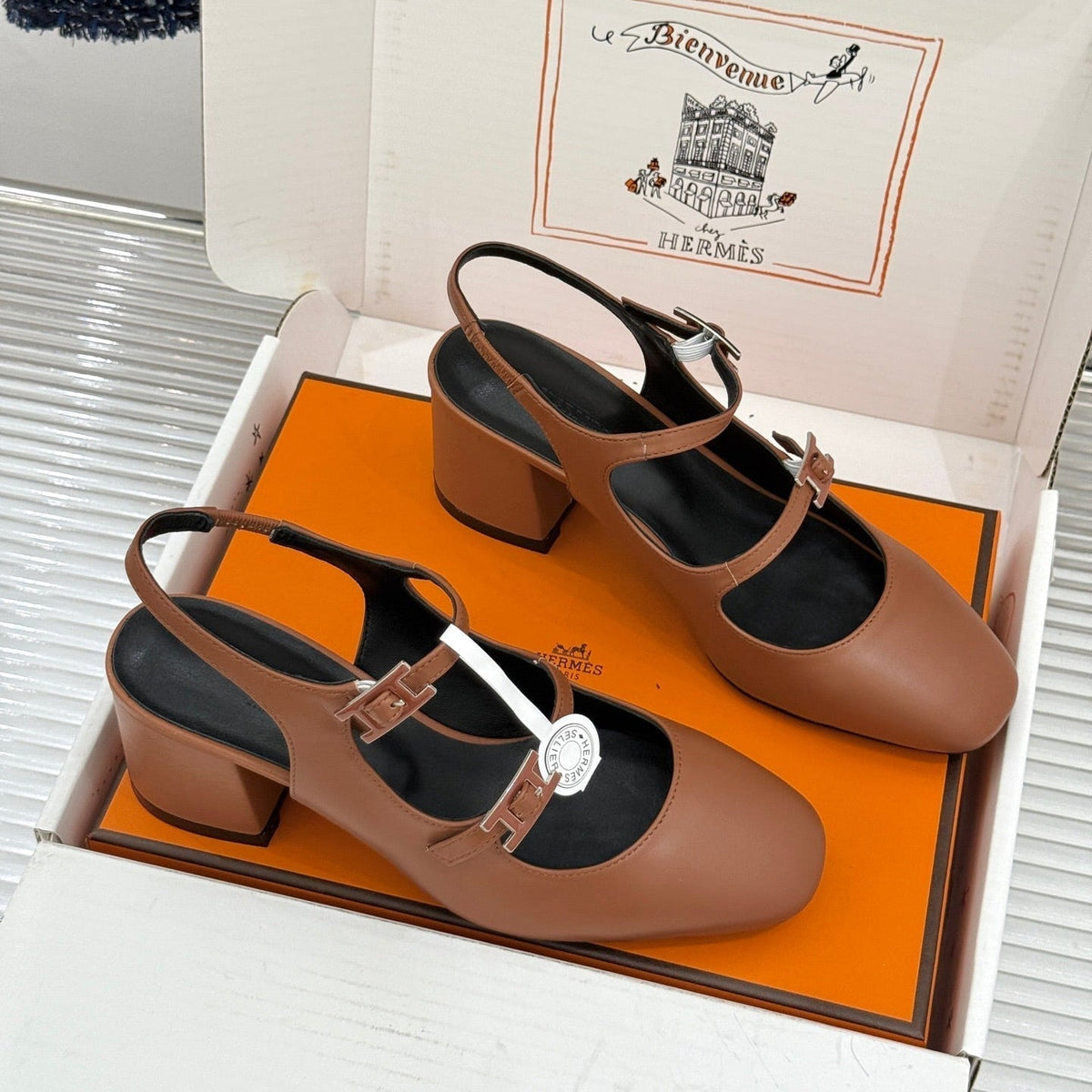 HM 26s Slingback High Heels In Brown Calfskin