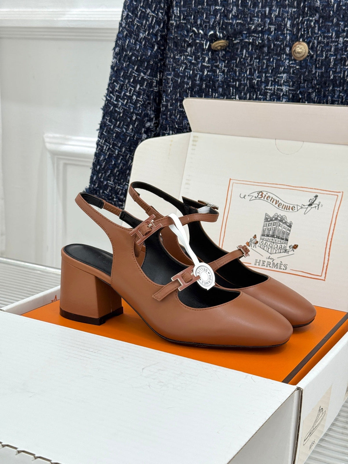 HM 26s Slingback High Heels In Brown Calfskin
