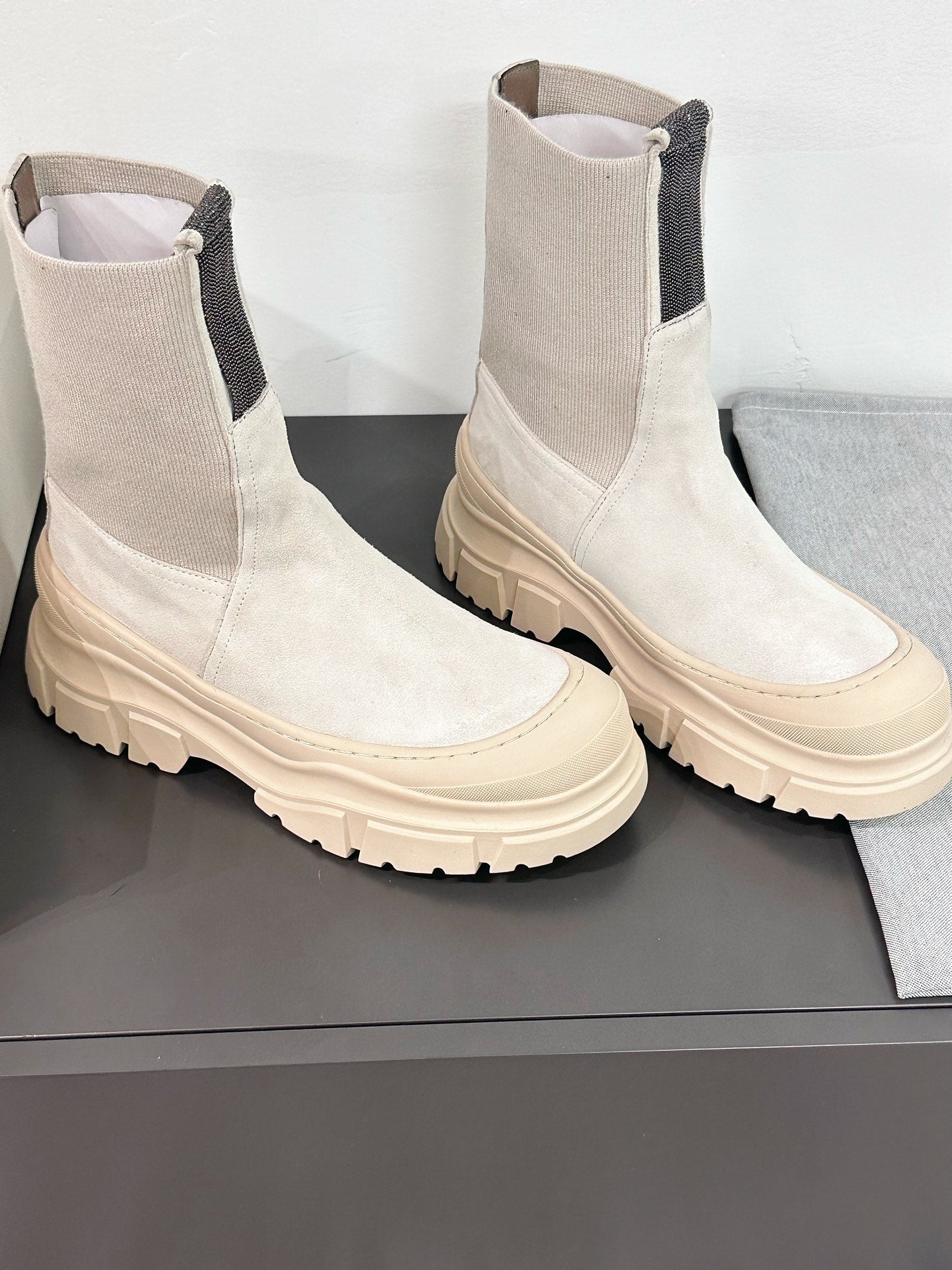 Brunello Monili-Bead Ankle Boots Ivory Suede Knit 607849
