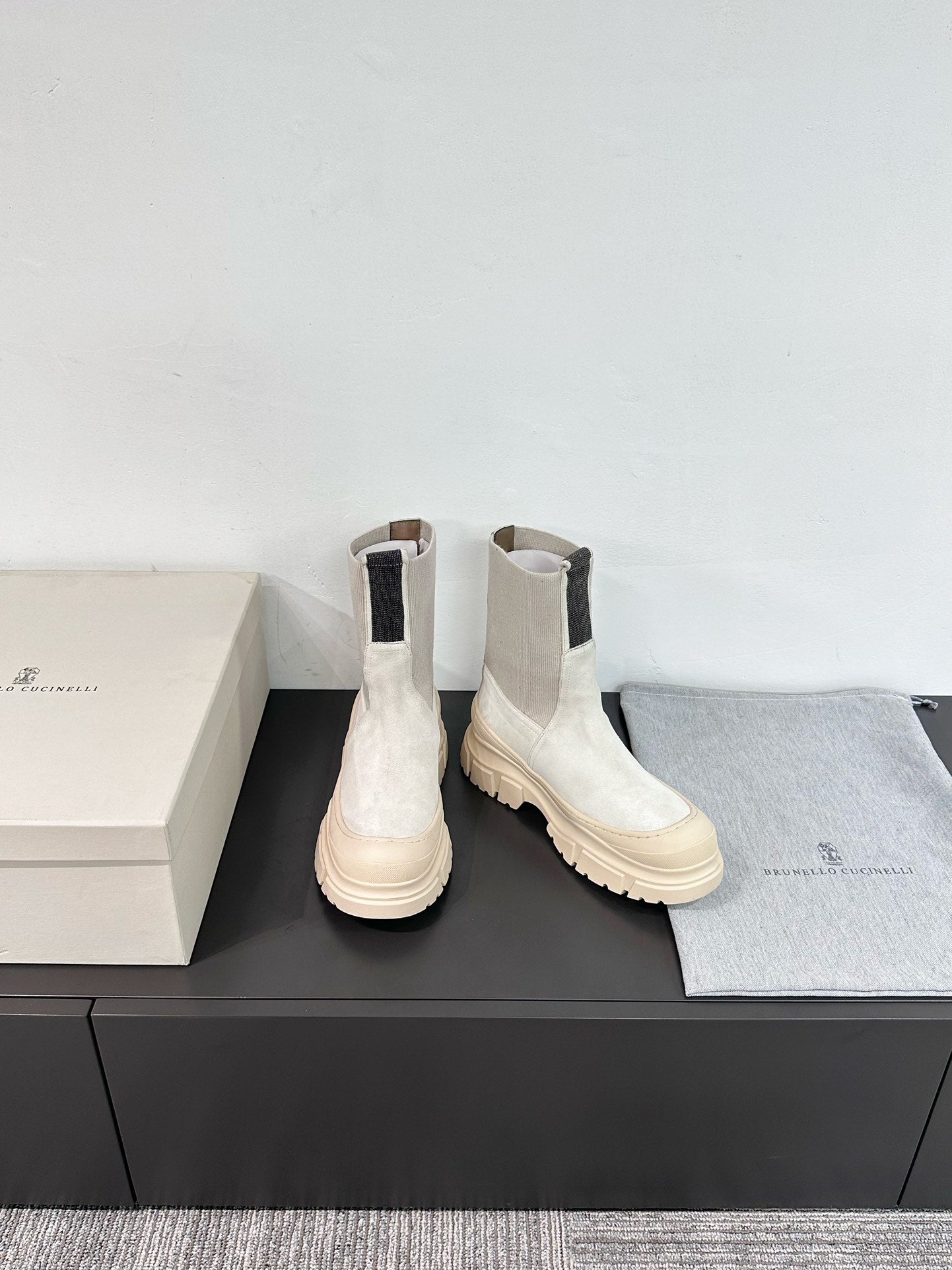 Brunello Monili-Bead Ankle Boots Ivory Suede Knit 607849