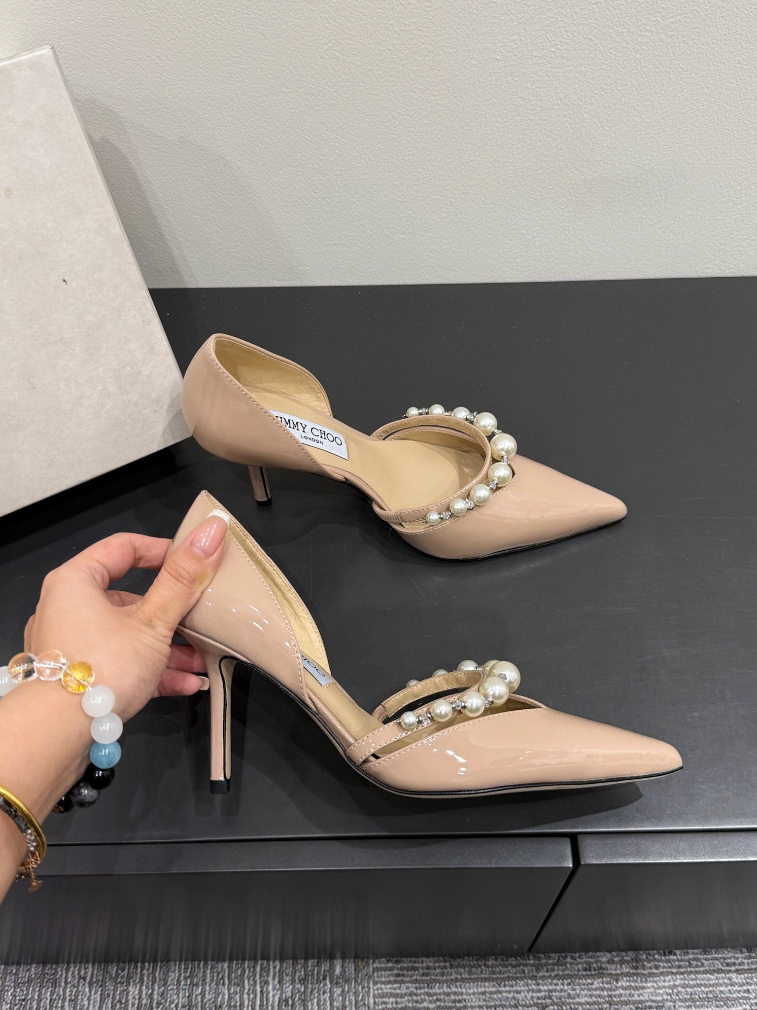 Jimmy Aureli Pearl-embellished Pumps 65mm Beige Patent Leather 420138