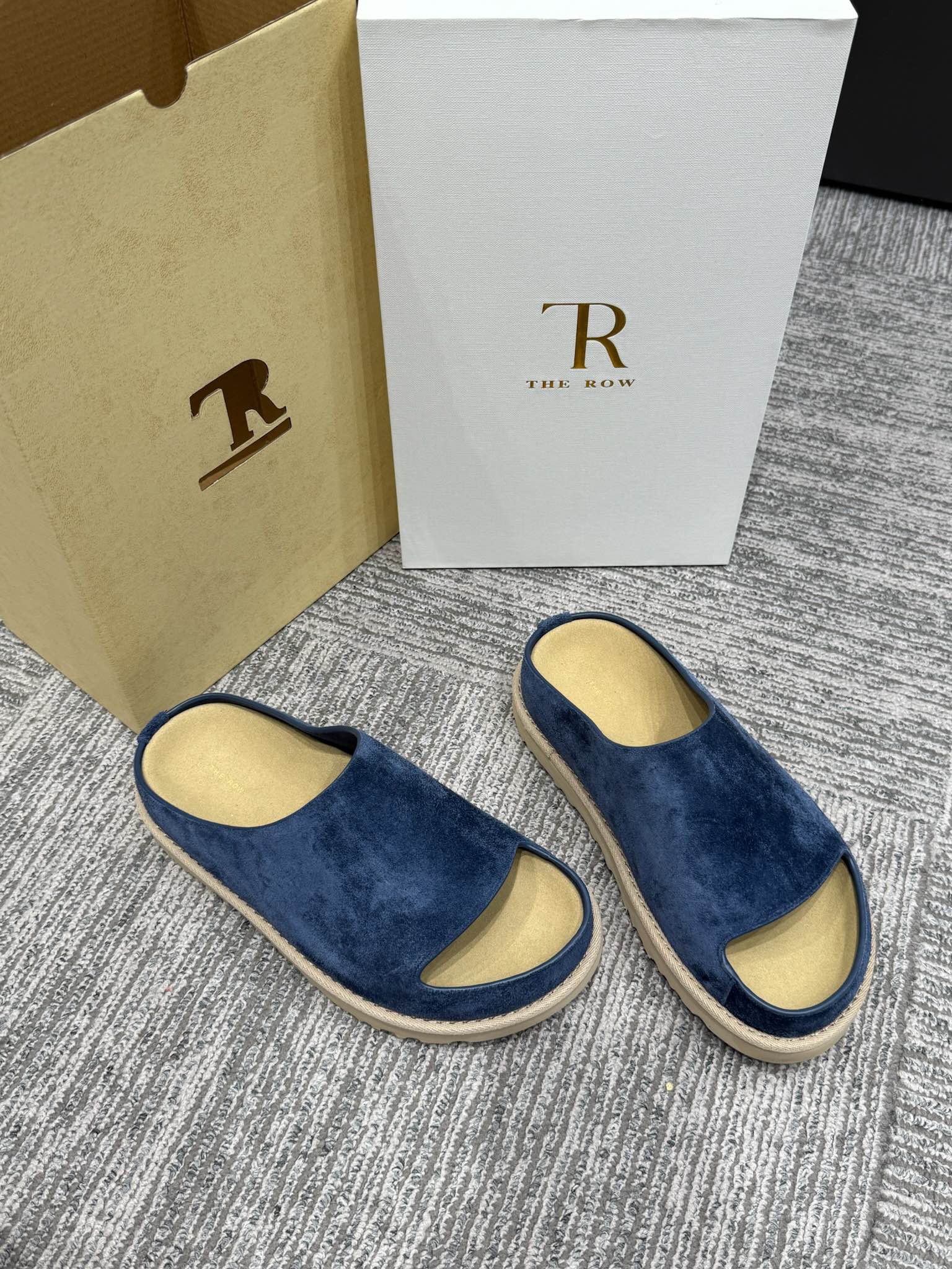 The Row Slide Sandals Navy Cow Suede 337474