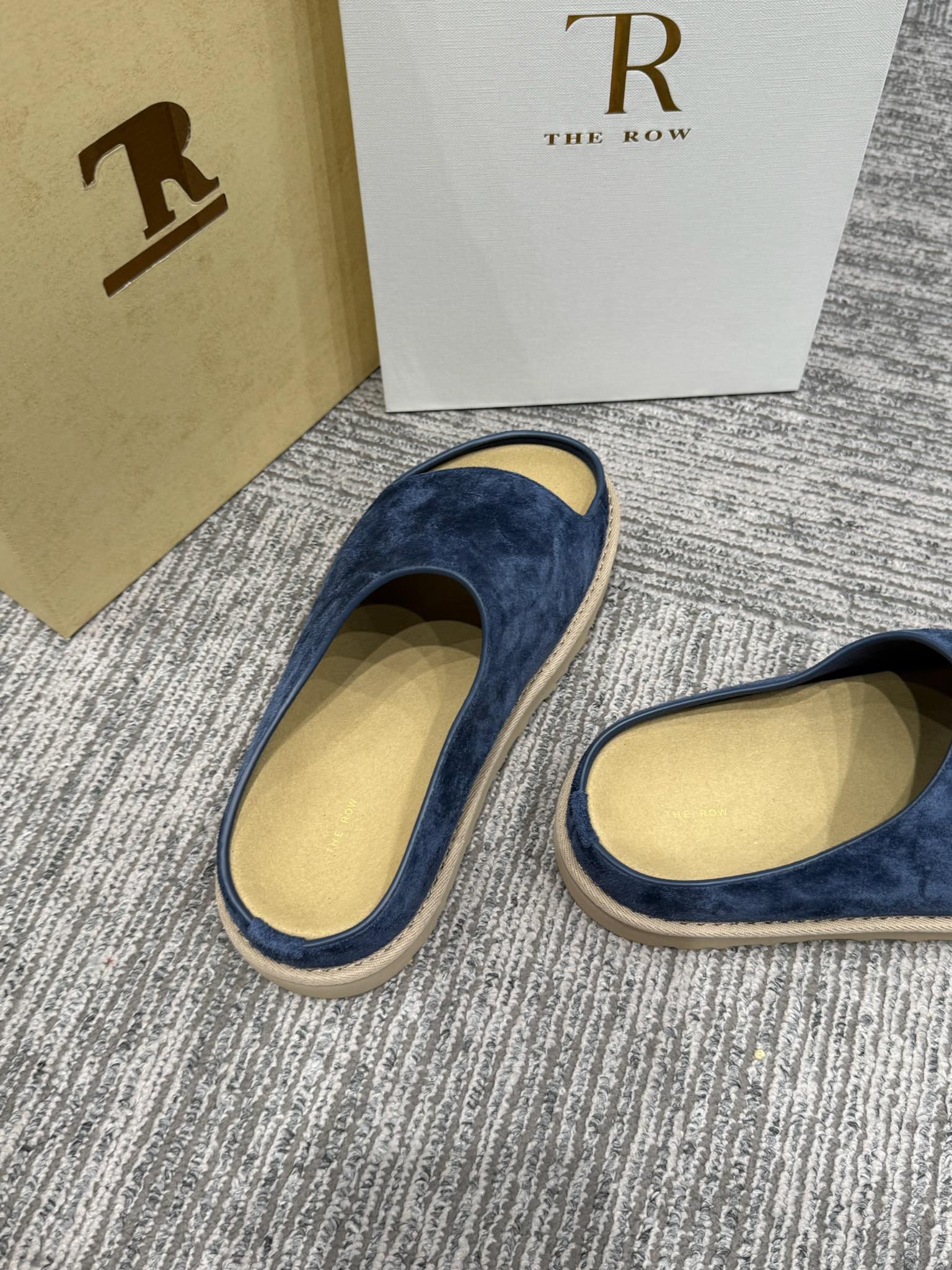 The Row Slide Sandals Navy Cow Suede 337474