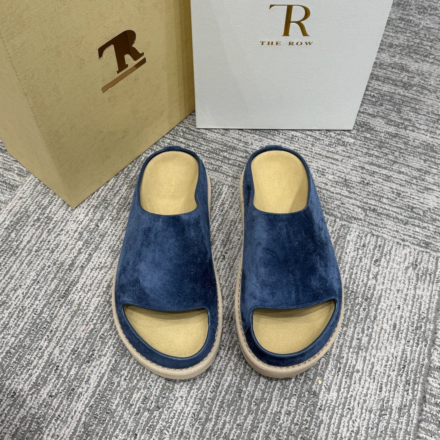 The Row Slide Sandals Navy Cow Suede 337474