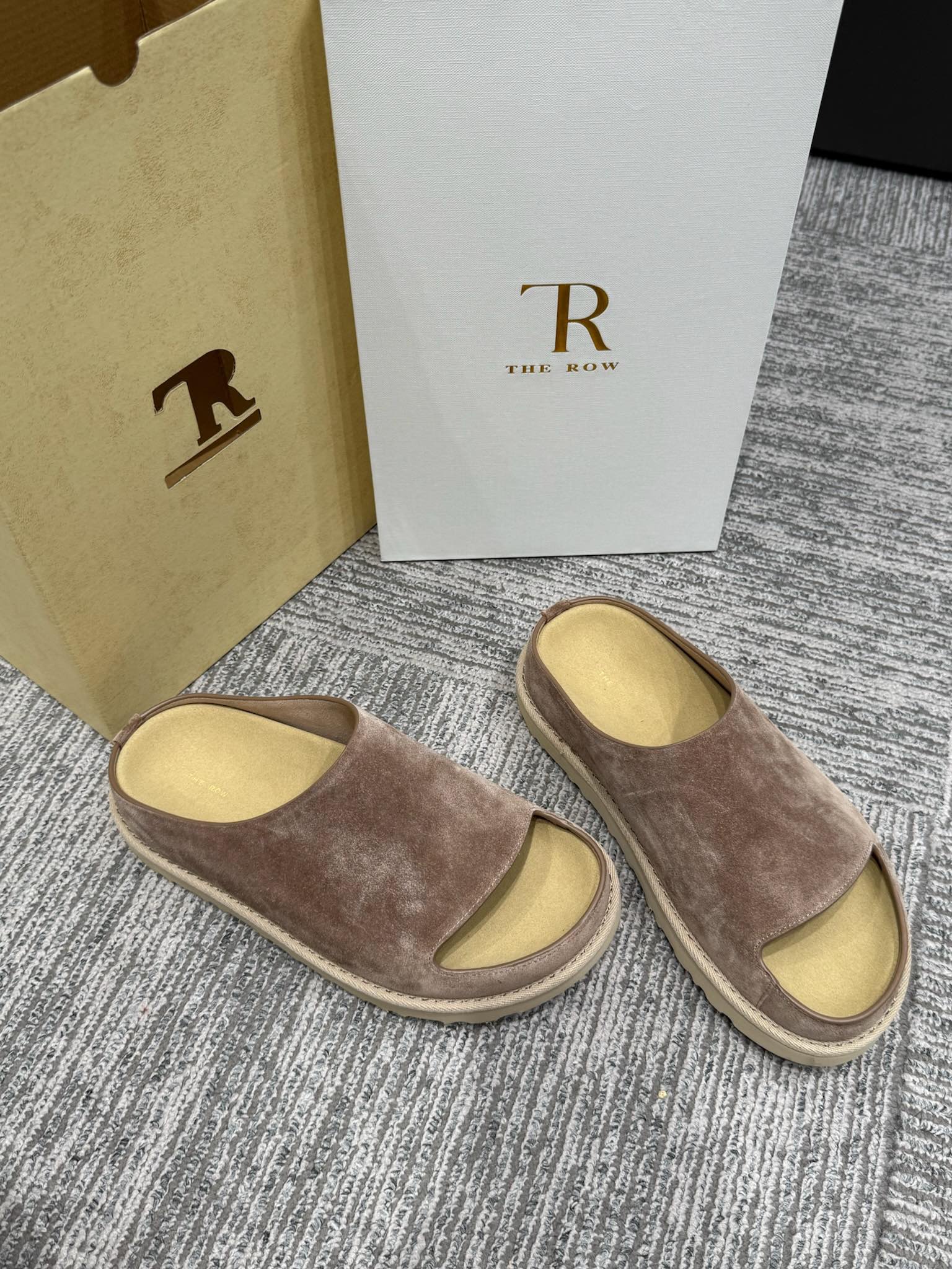 The Row Slide Sandals Taupe Cow Suede 337475