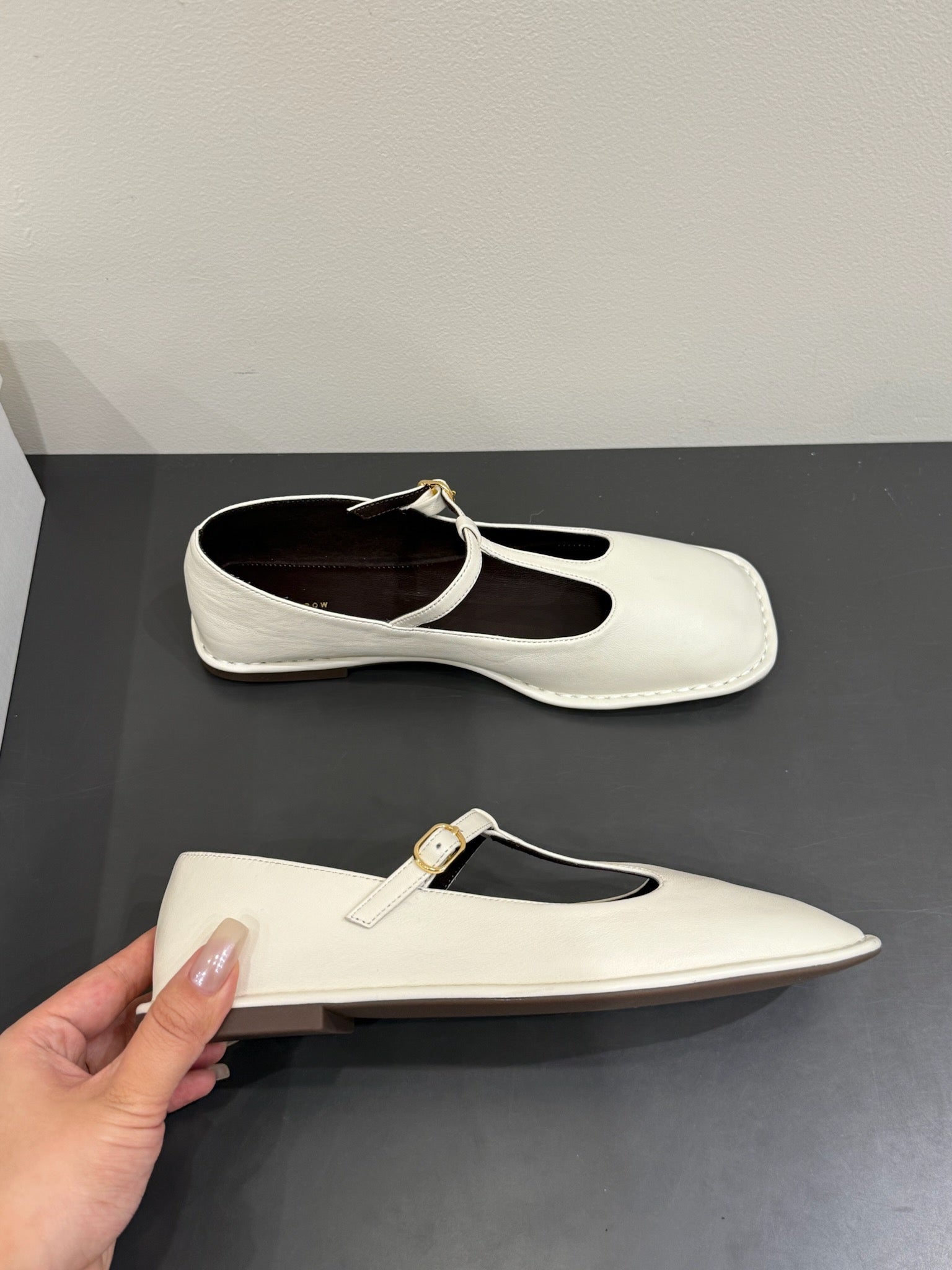 The Row Square T-Strap Flat White Sheepskin 337498
