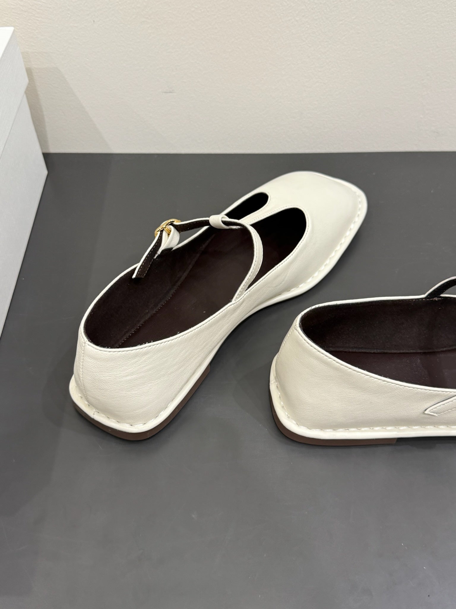 The Row Square T-Strap Flat White Sheepskin 337498