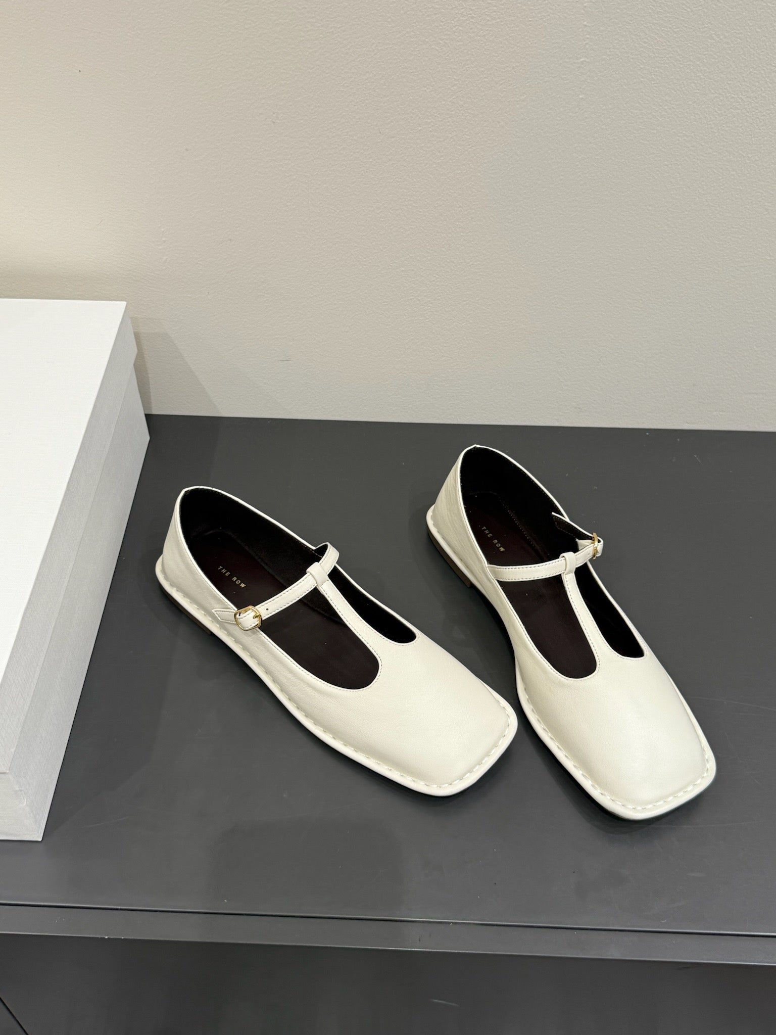 The Row Square T-Strap Flat White Sheepskin 337498