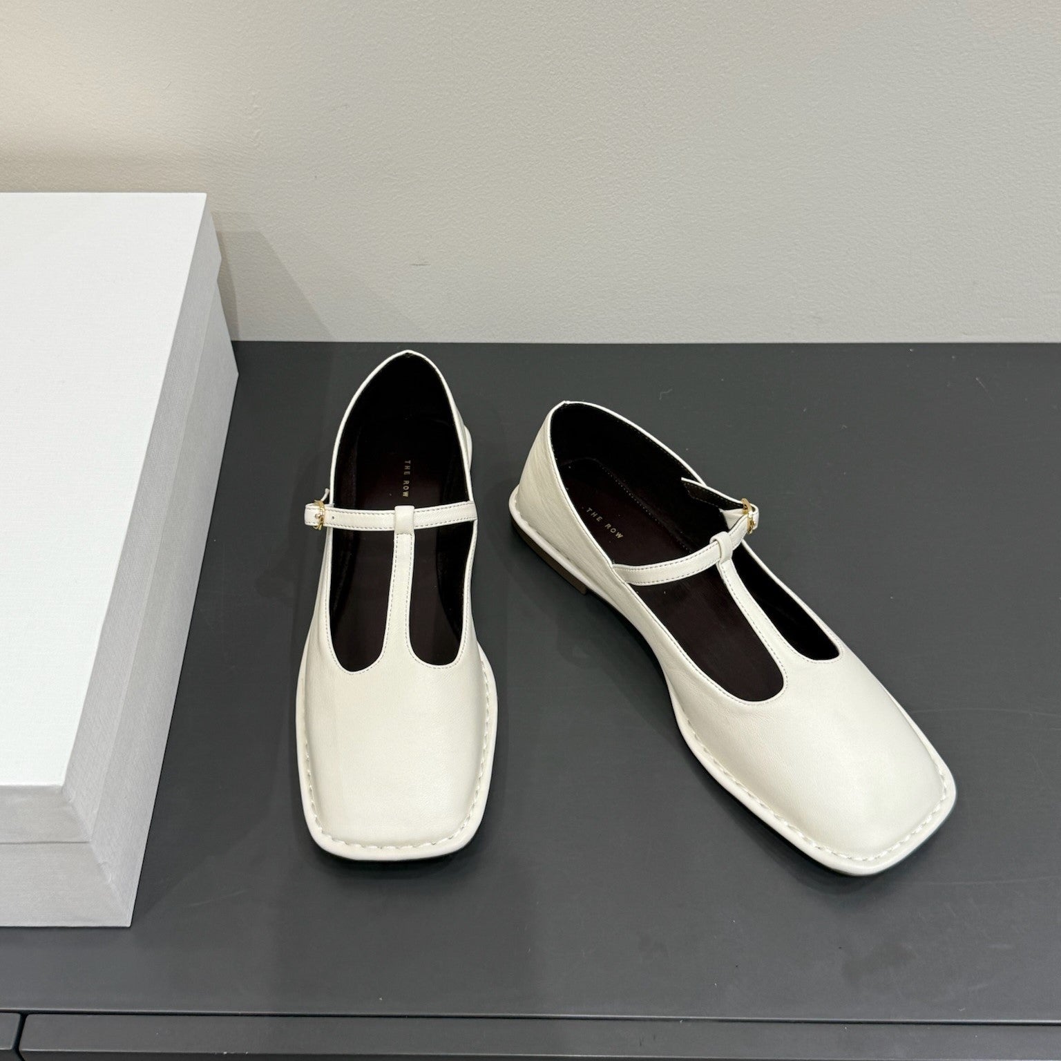 The Row Square T-Strap Flat White Sheepskin 337498