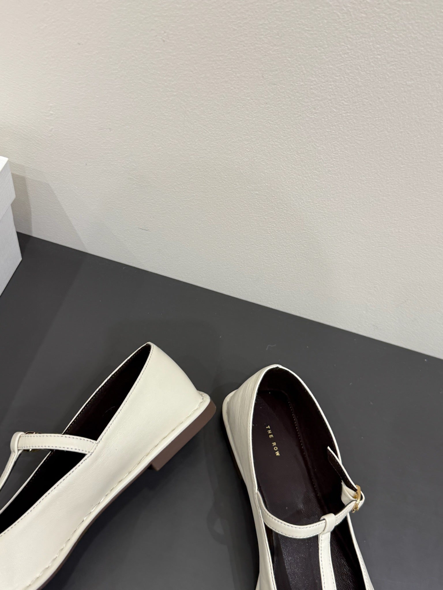 The Row Square T-Strap Flat White Sheepskin 337498