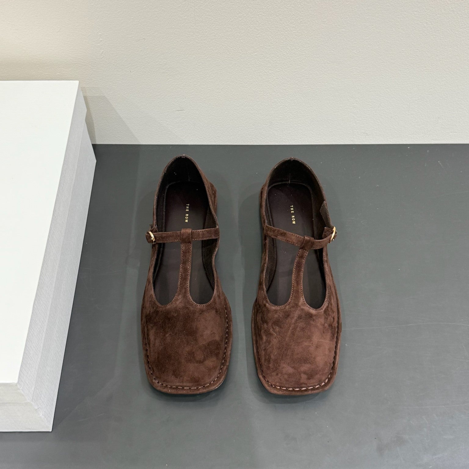 The Row Square T-Strap Flat Dark Brown Suede 337499