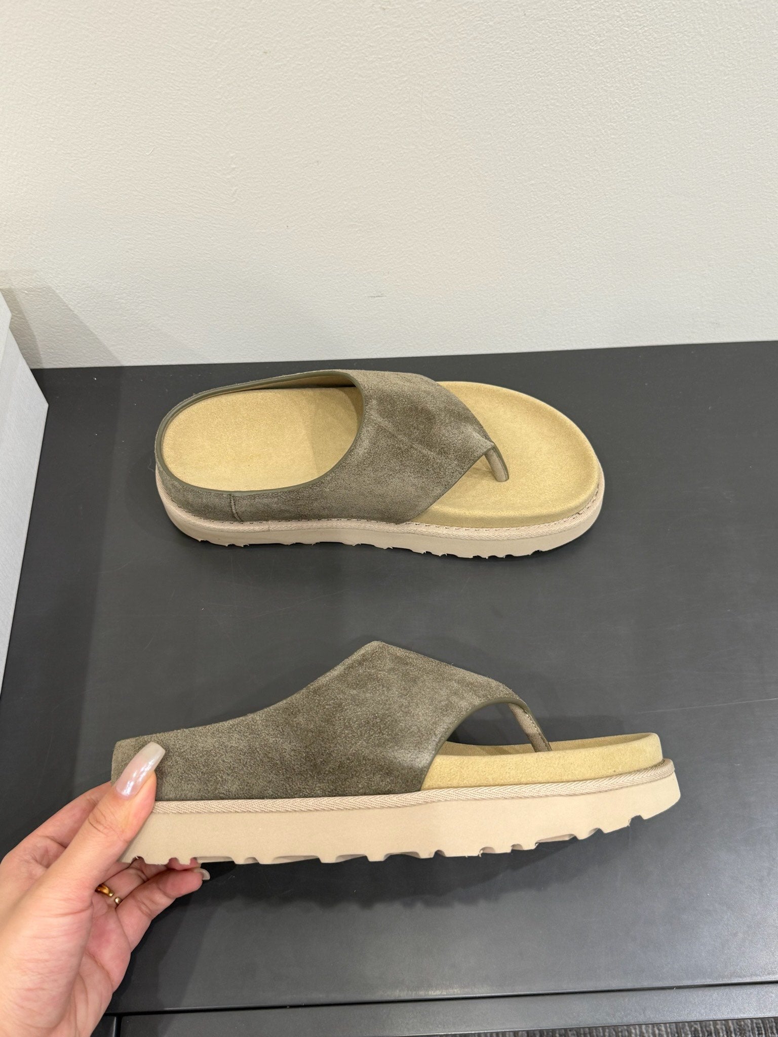 The Row Flat Sandal Dark Olive Brown Cow Suede 337501