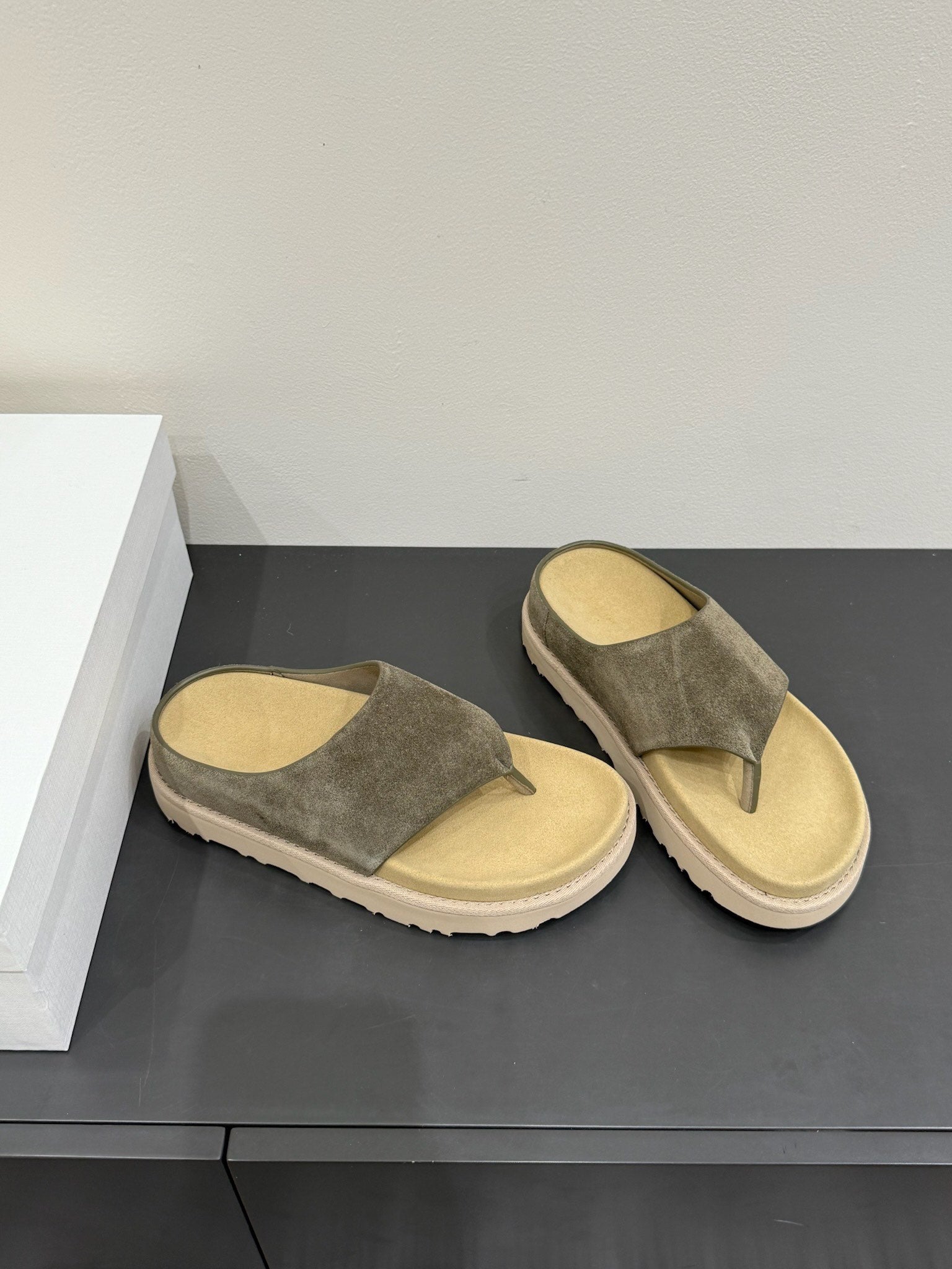 The Row Flat Sandal Dark Olive Brown Cow Suede 337501