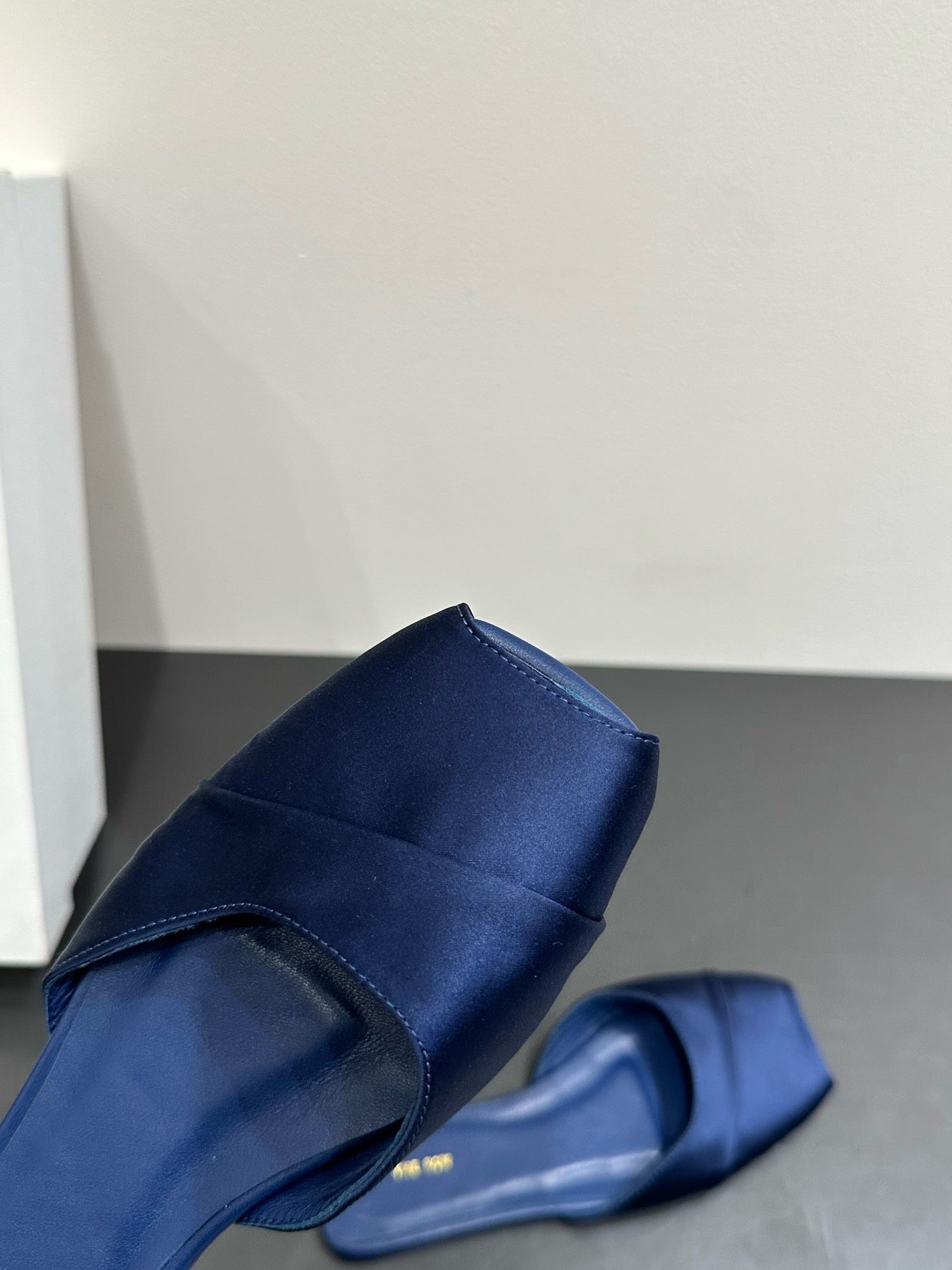 The Row Mule Sandal Navy Blue Satin And Sheepskin Lining 337504