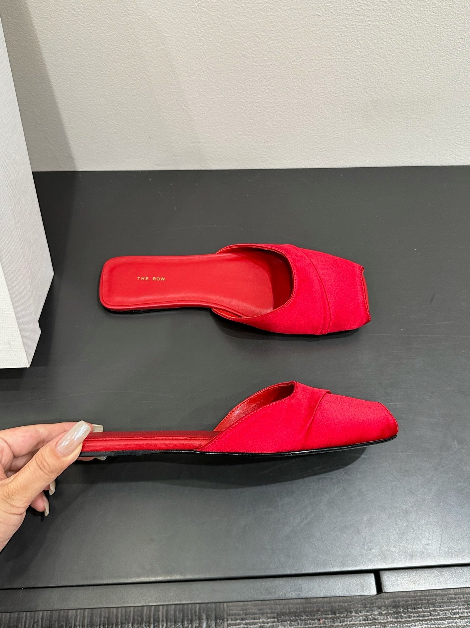 The Row Mule Sandal Red Satin And Sheepskin Lining 337506