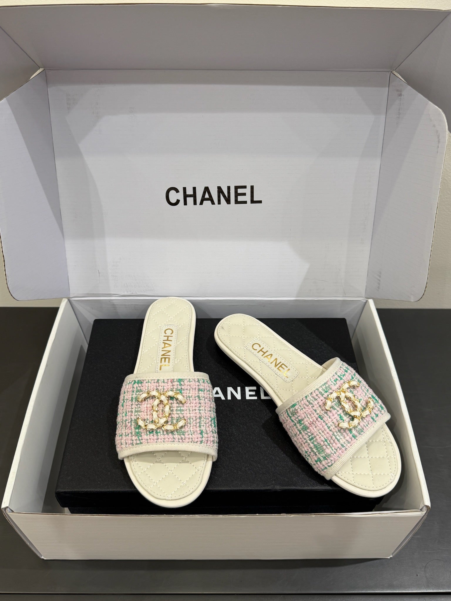 CC 25ss Chain Flat Slippers Multicolor Cowhide & Sheepskin 417562